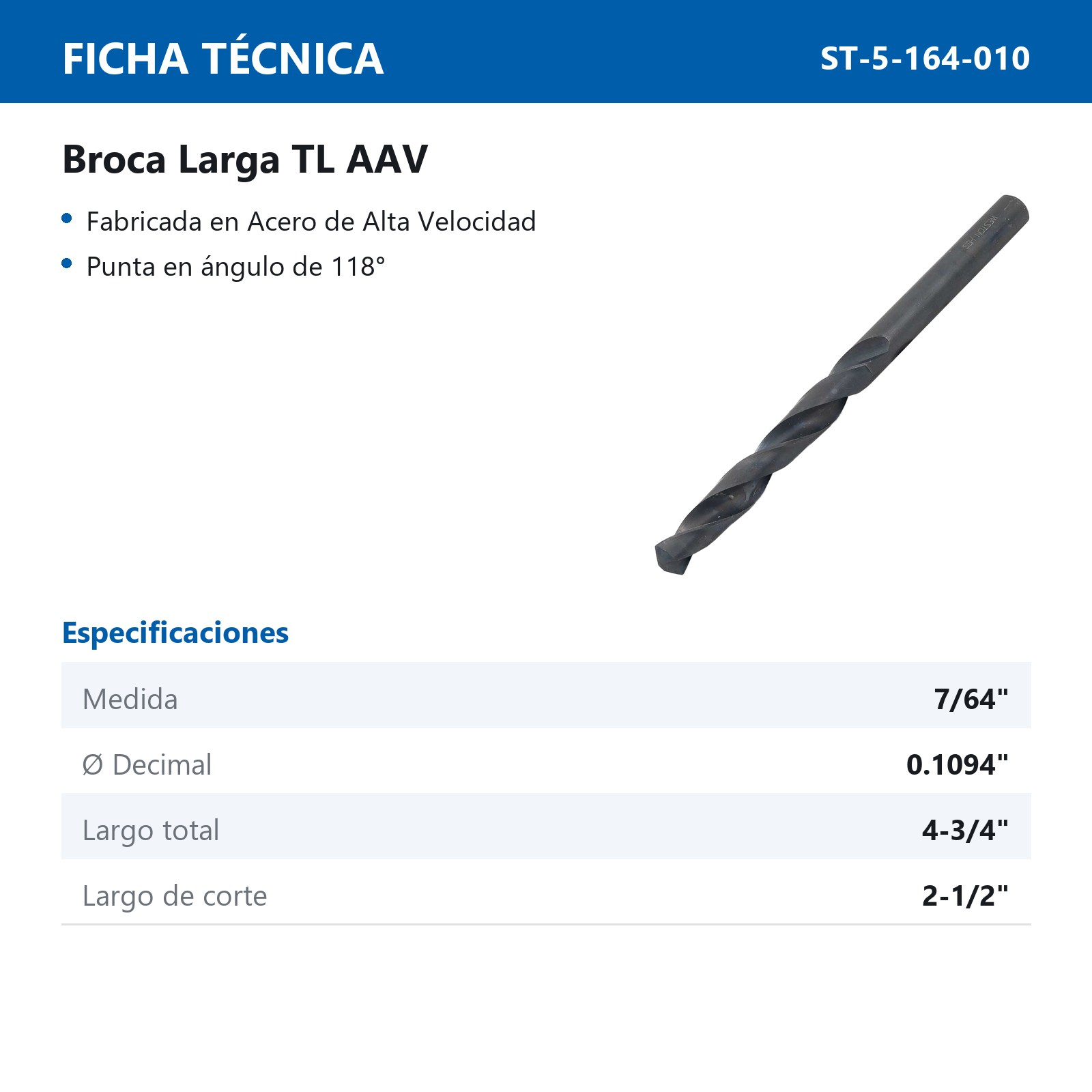 BROCA LARGA 7/64 X 4-3/4" TL - Imagen 2