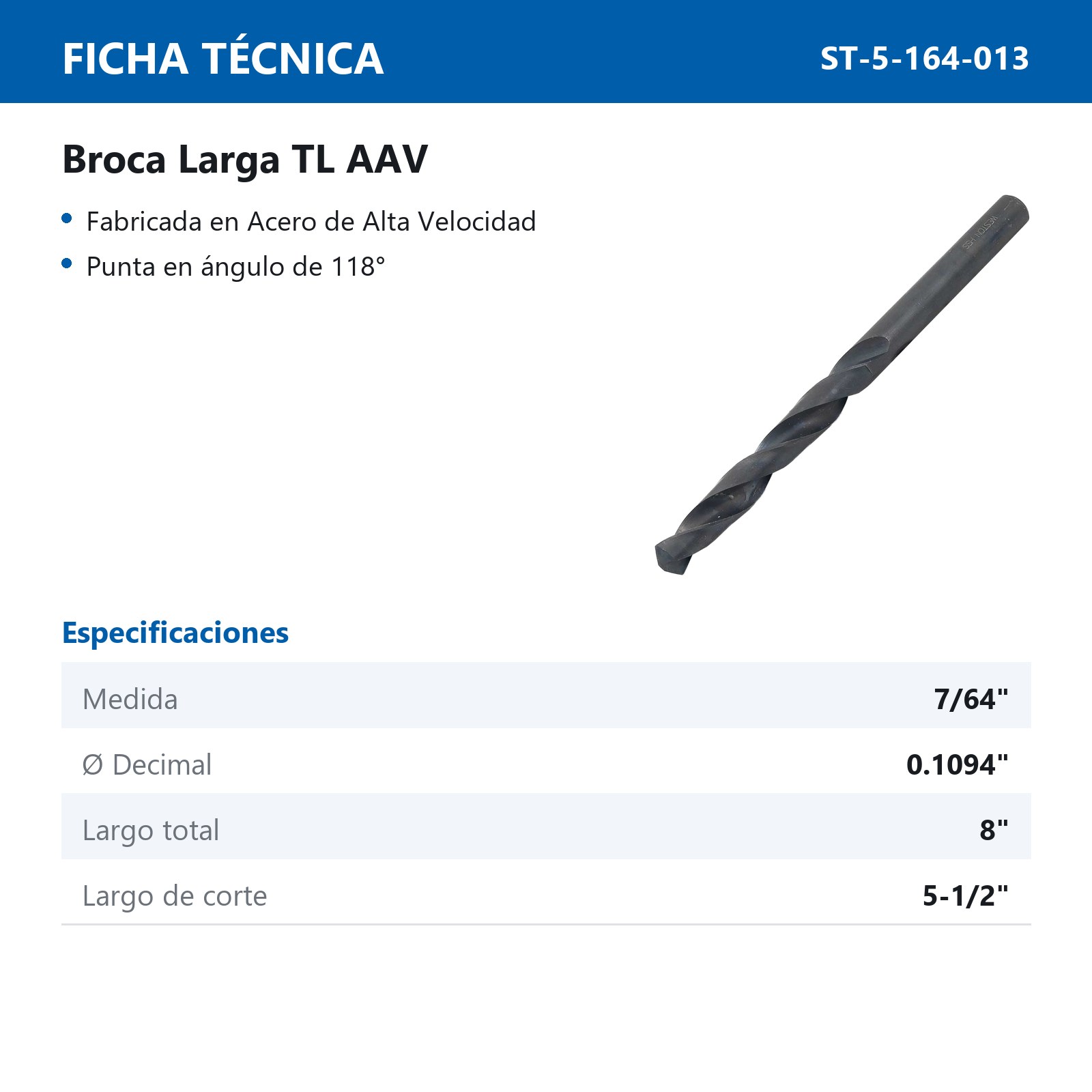 BROCA LARGA 7/64 X 8" X 5.5" TL - Imagen 2