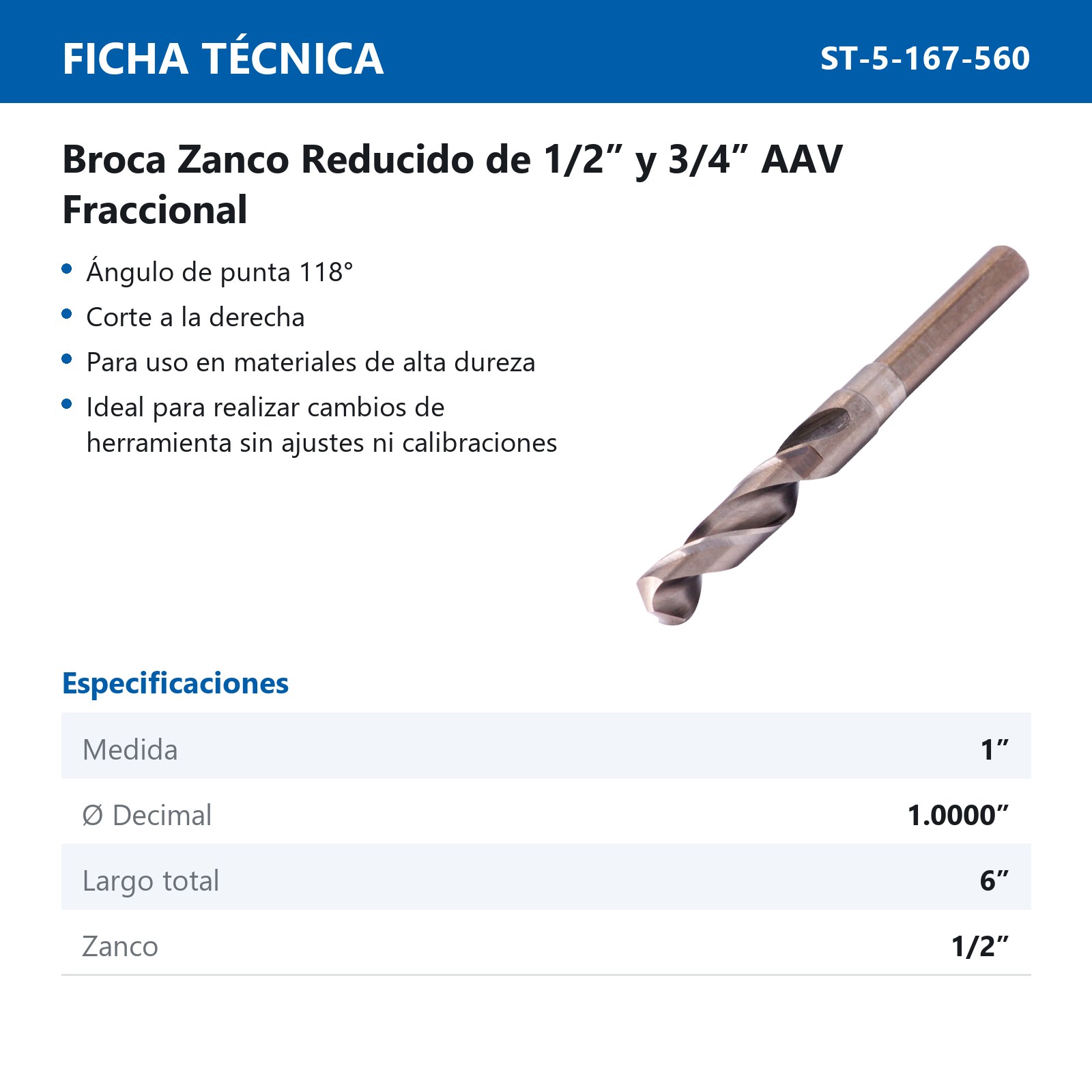BROCA COBALTO 1" ZANCO 1/2" - Imagen 2