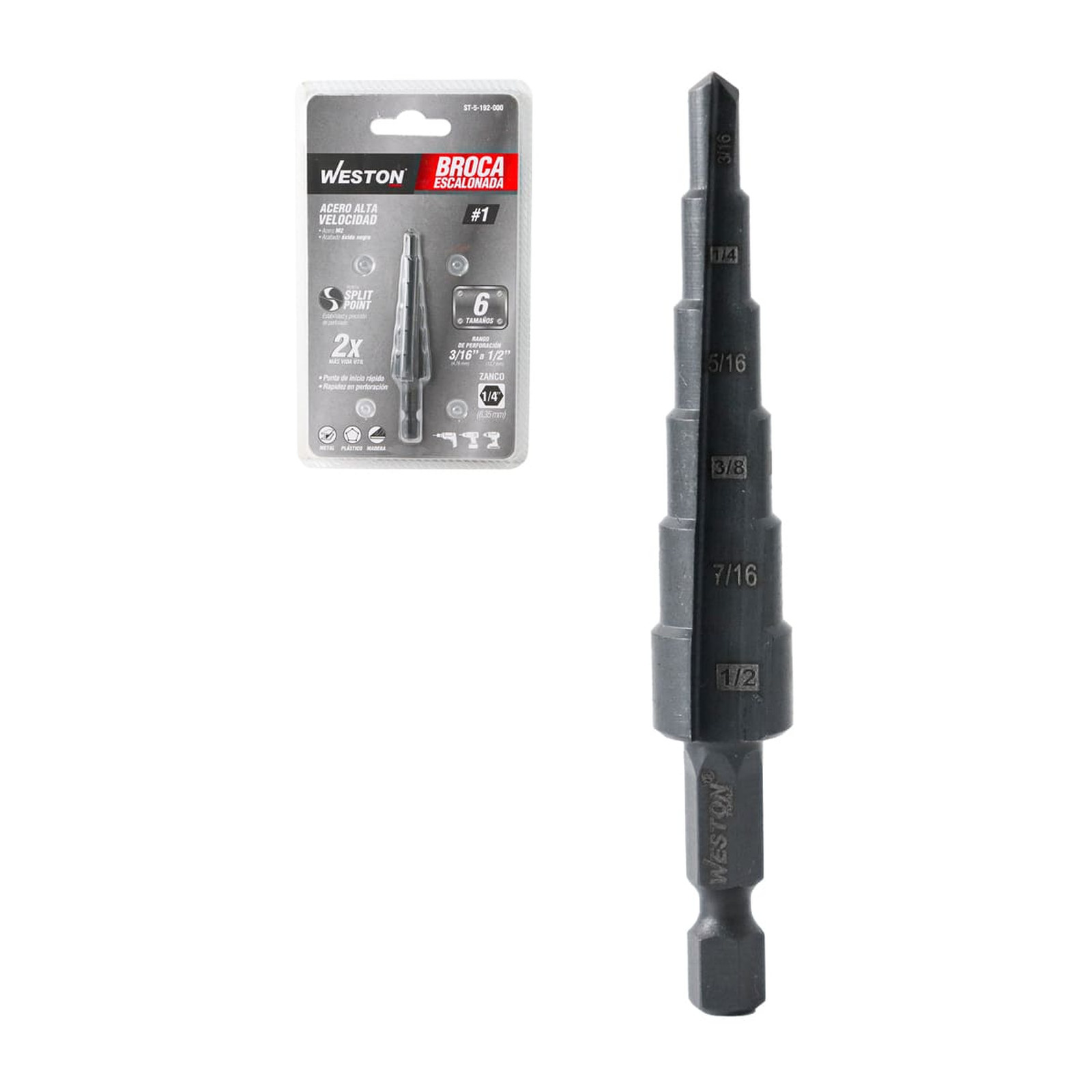 Broca Escalonada Weston M2 No.1 de 3/16'' a 1/2'' con Punta Split Point