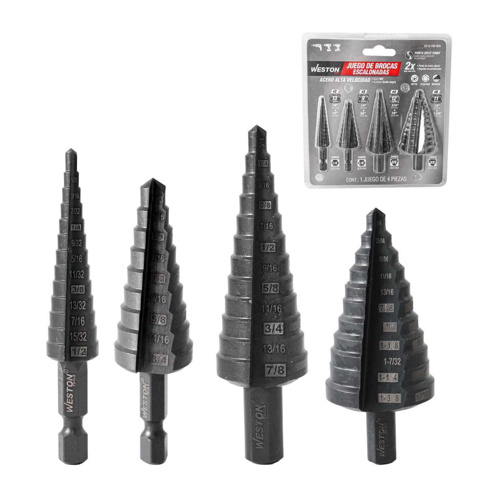 Juego de 4 Brocas Escalonadas M2 Núm. 2, 3, 4 y 5 Weston