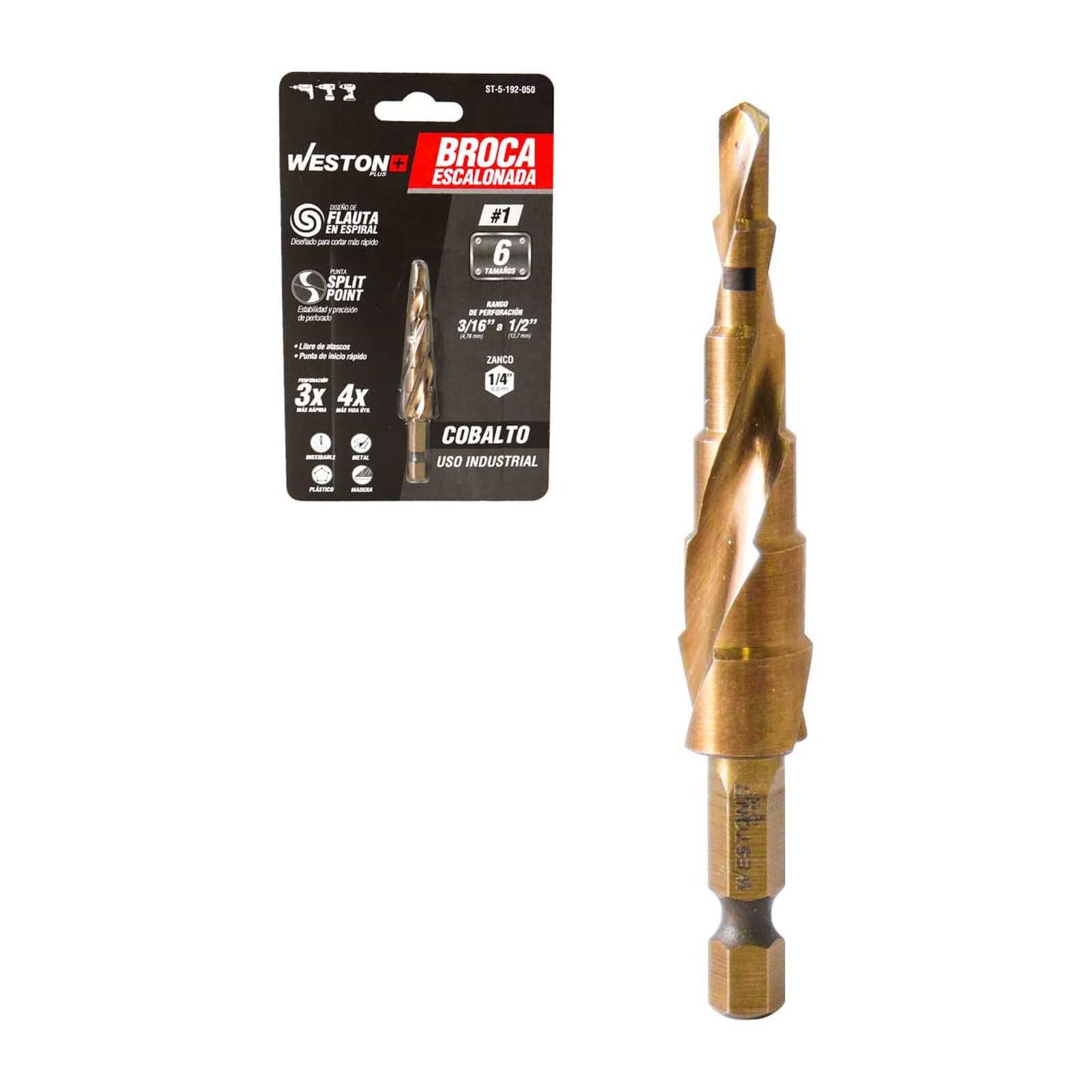 Broca Escalonada Espiral de Cobalto No. 1 3/16'' - 1/2'' Weston Plus