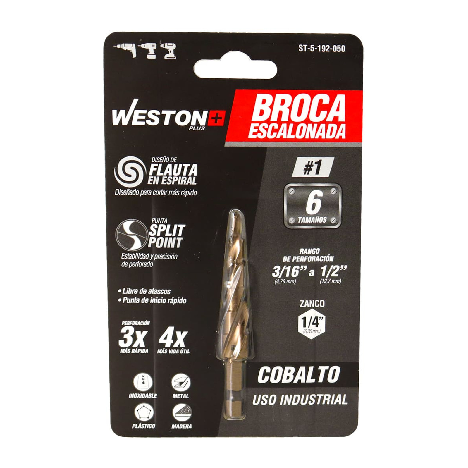 BROCA ESCALONADA ESPIRAL COBALTO #1 3/16'' - 1/2'' WESTON PLUS - Imagen 4