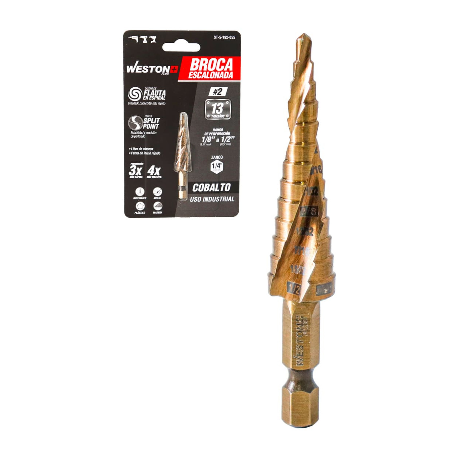 Broca Escalonada Espiral de Cobalto No. 2 1/8'' a 1/2'' Weston Plus