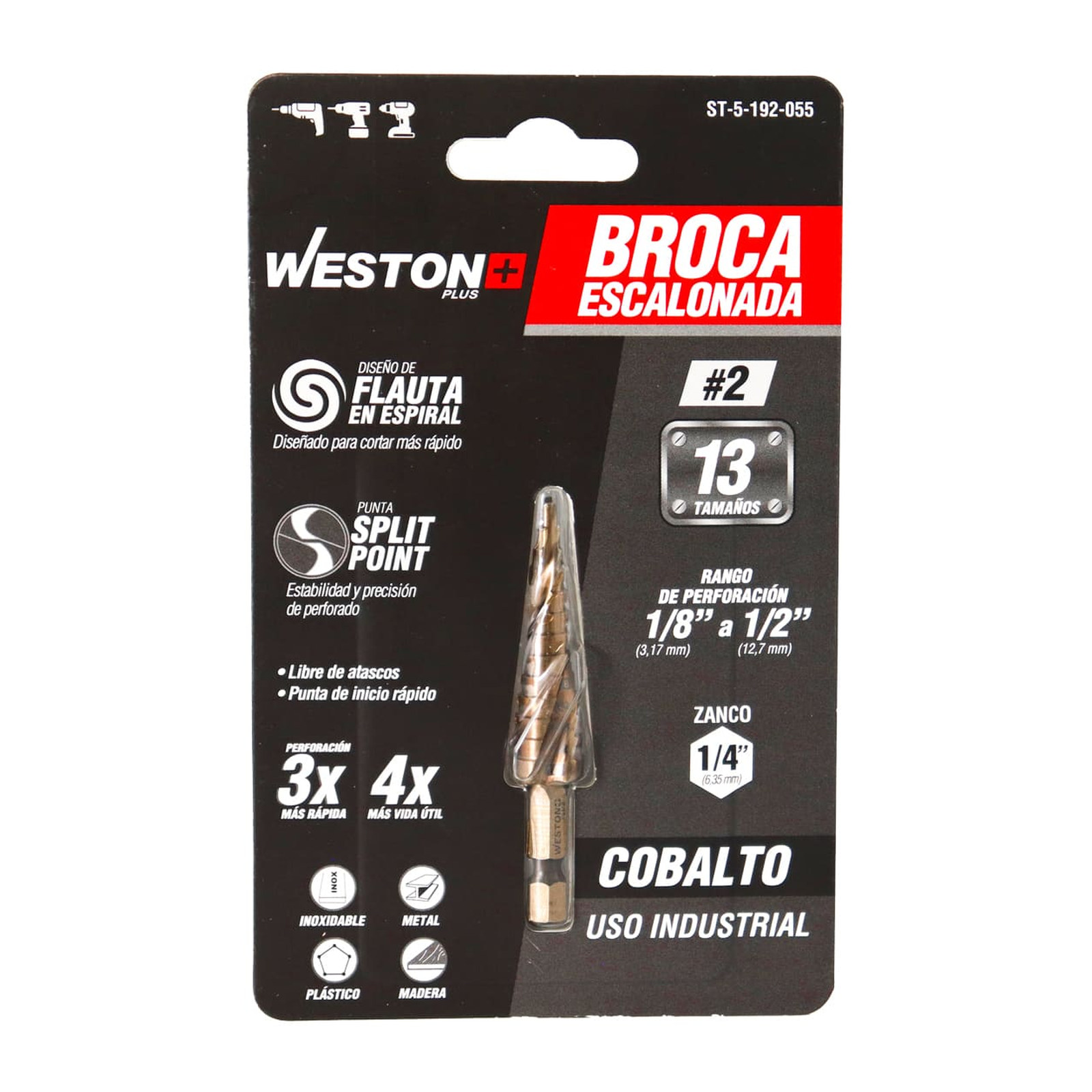 BROCA ESCALONADA ESPIRAL COBALTO #2 1/8'' - 1/2'' WESTON PLUS - Imagen 4