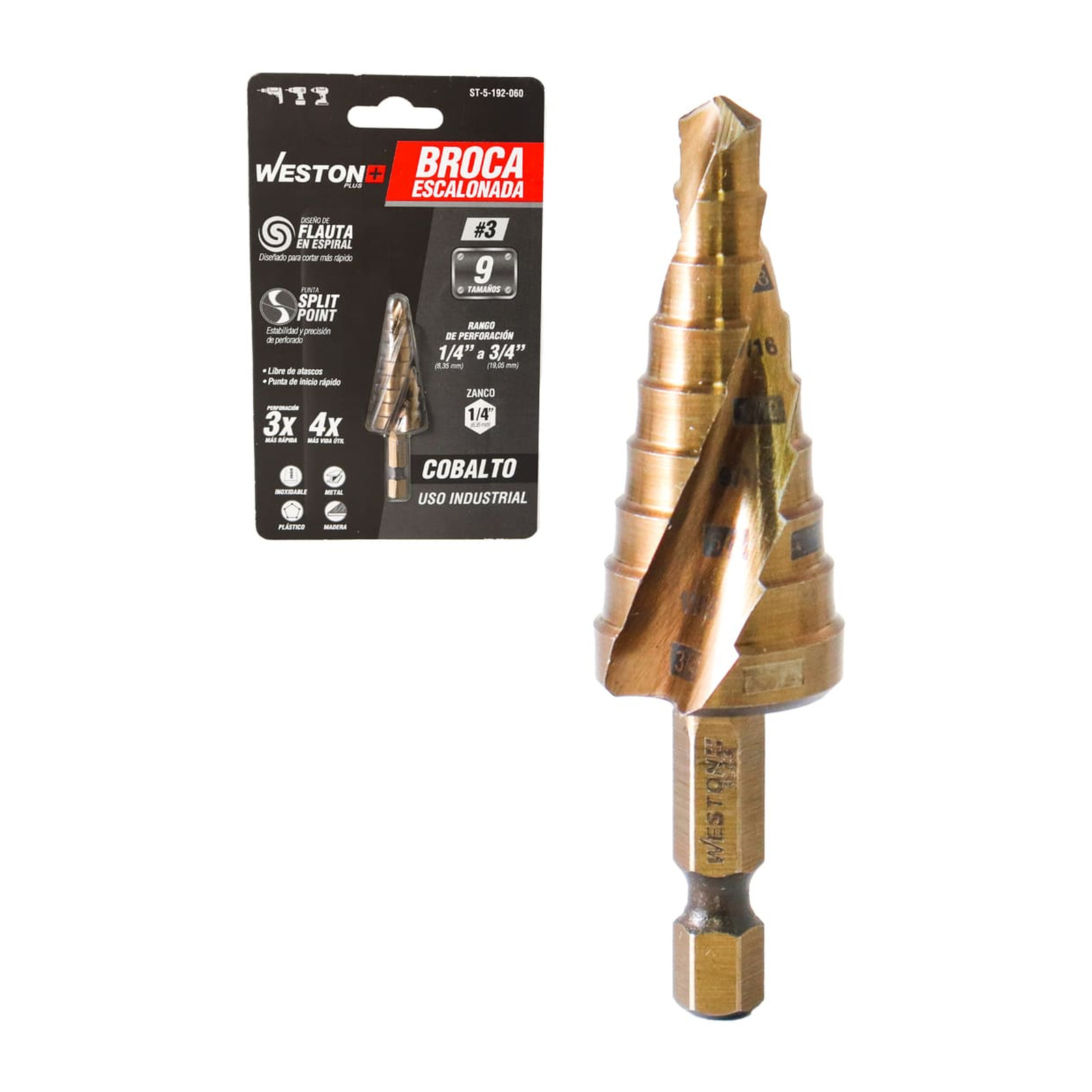 Broca Escalonada Espiral Cobalto No. 3 de 1/4'' a 3/4'' WESTON PLUS