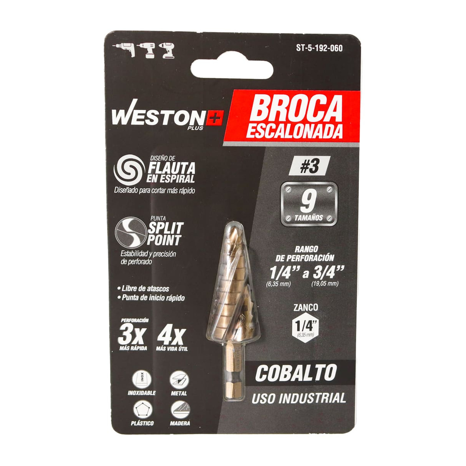 BROCA ESCALONADA ESPIRAL COBALTO #3 1/4'' - 3/4'' WESTON PLUS - Imagen 4