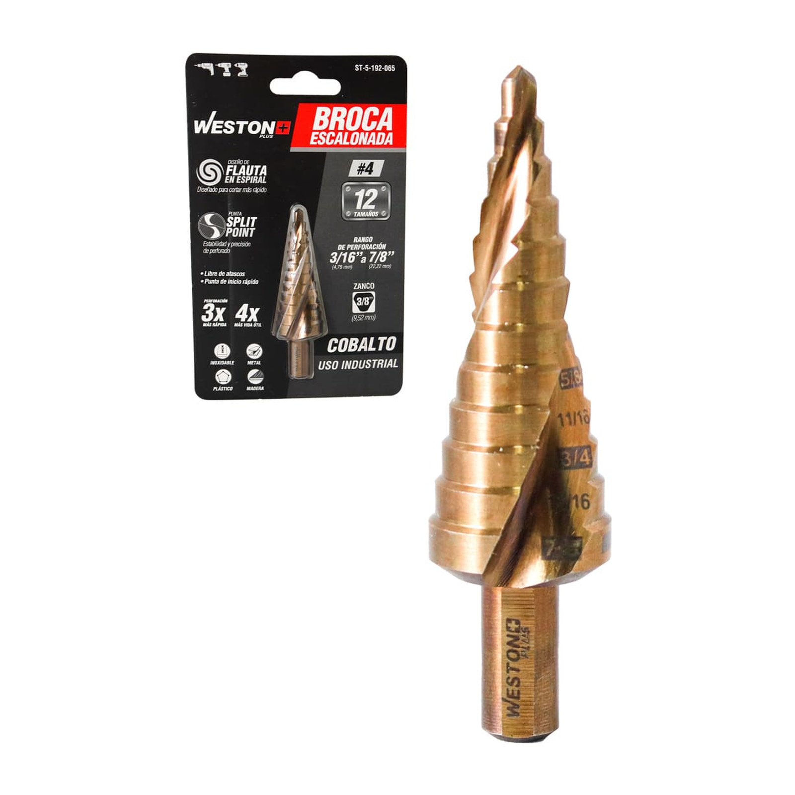 Broca Escalonada Espiral de Cobalto No. 4 de 3/16" a 7/8" Weston Plus