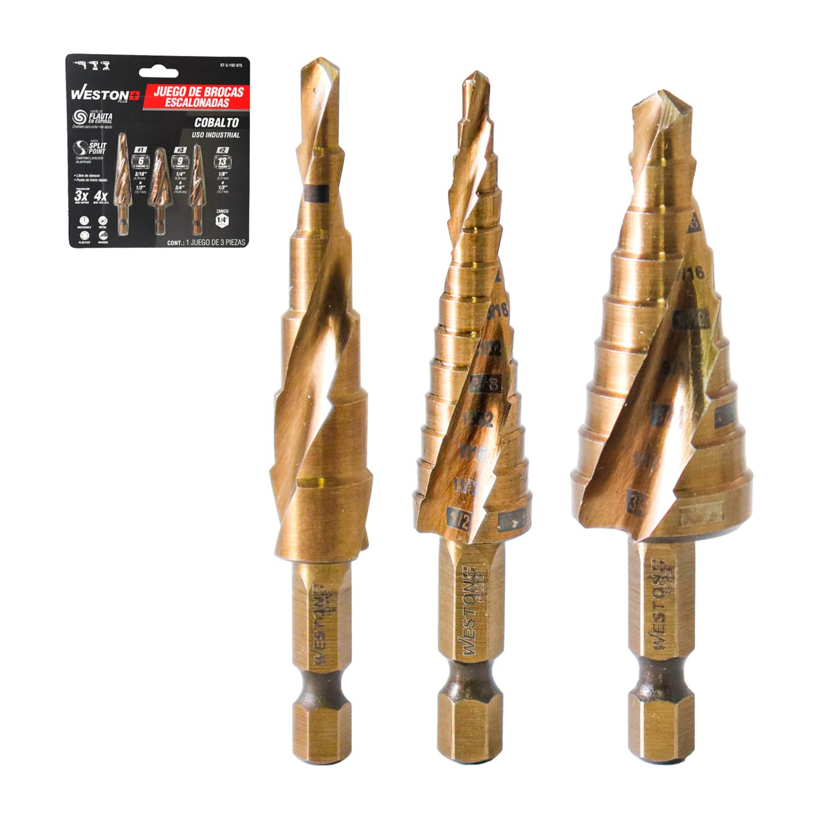 Juego de 3 Brocas Escalonadas Espiral Cobalto #1, #2 y #3 Weston Plus