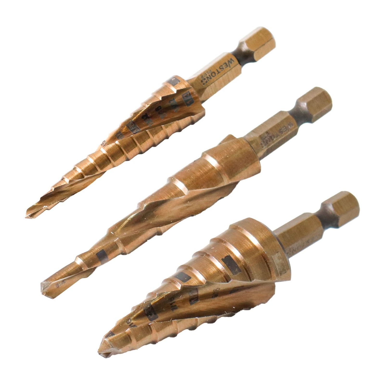 JUEGO DE 3 BROCAS ESCALONADAS ESPIRAL COBALTO #1 #2 Y #3 WESTON PLUS - Imagen 2