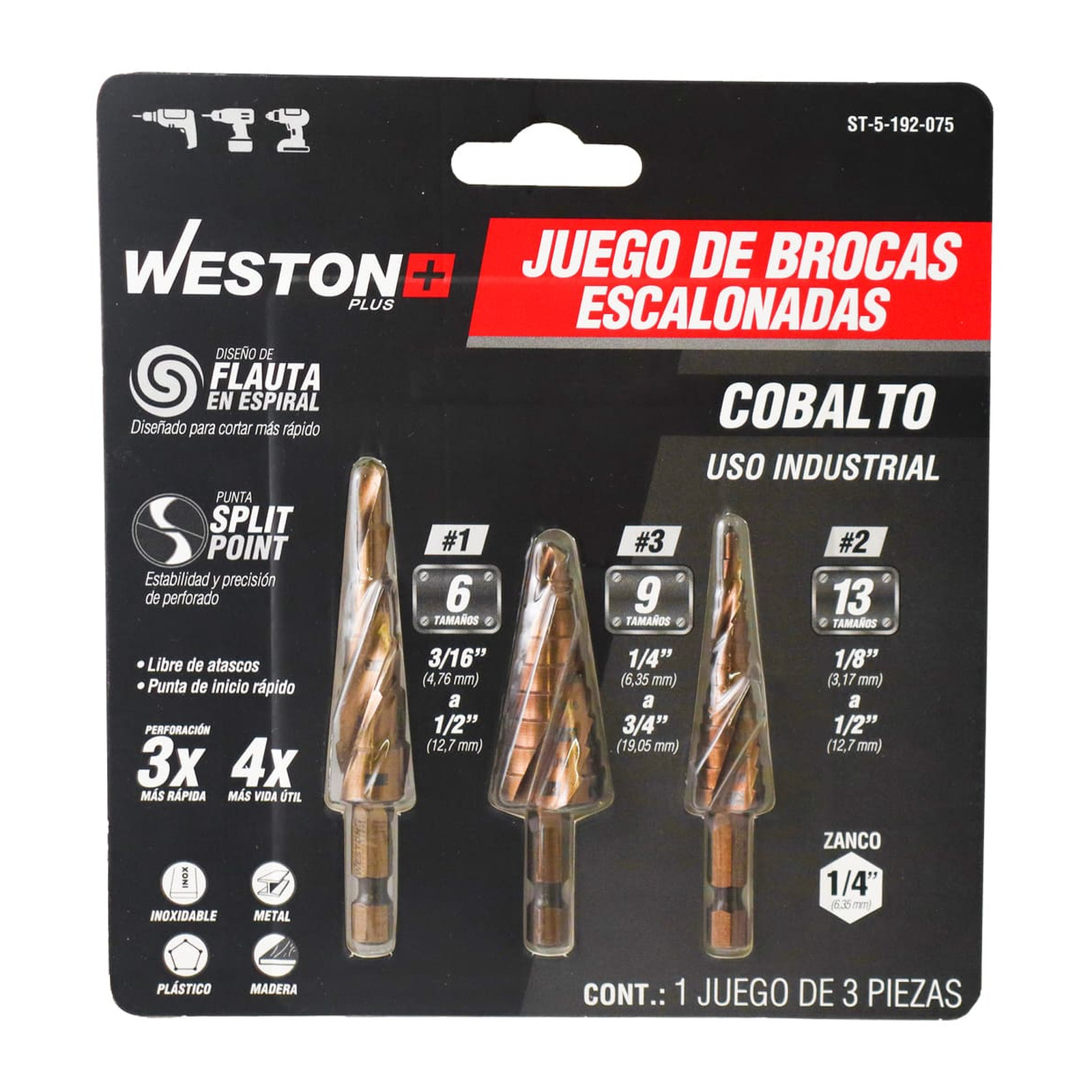 JUEGO DE 3 BROCAS ESCALONADAS ESPIRAL COBALTO #1 #2 Y #3 WESTON PLUS - Imagen 4