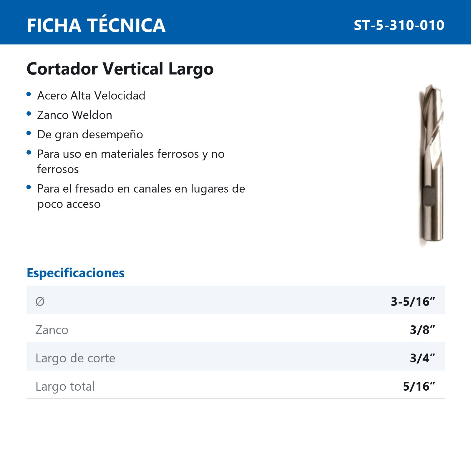 CORTADOR VERTICAL 5/16 X 3/8" 2F LARGO - Imagen 2