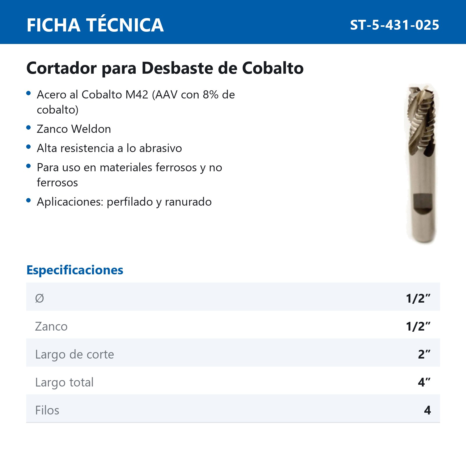 CORTADOR DESBASTE 1/2 X 1/2 X 4" 4F COBA - Imagen 2
