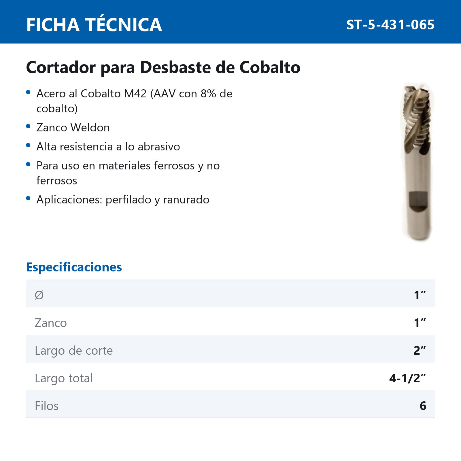 CORTADOR DESBASTE 1 X 1" 6F COBALTO - Imagen 2