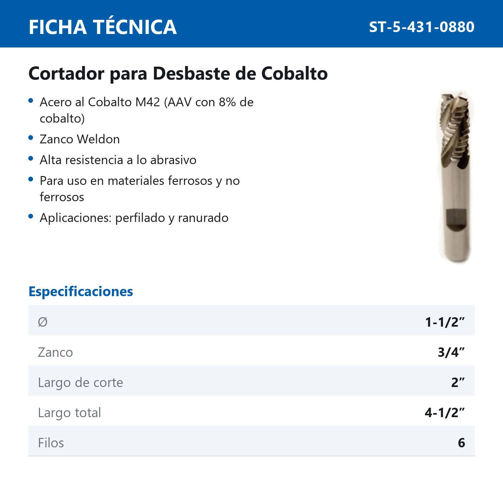 CORTADOR DESBASTE 1-1/2 X 3/4" 6F COBALT - Imagen 2