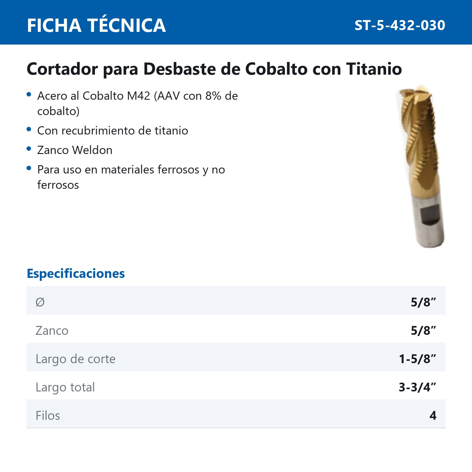 CORTADOR DESBASTE 5/8 X 5/8" 4F COB. TIT - Imagen 2