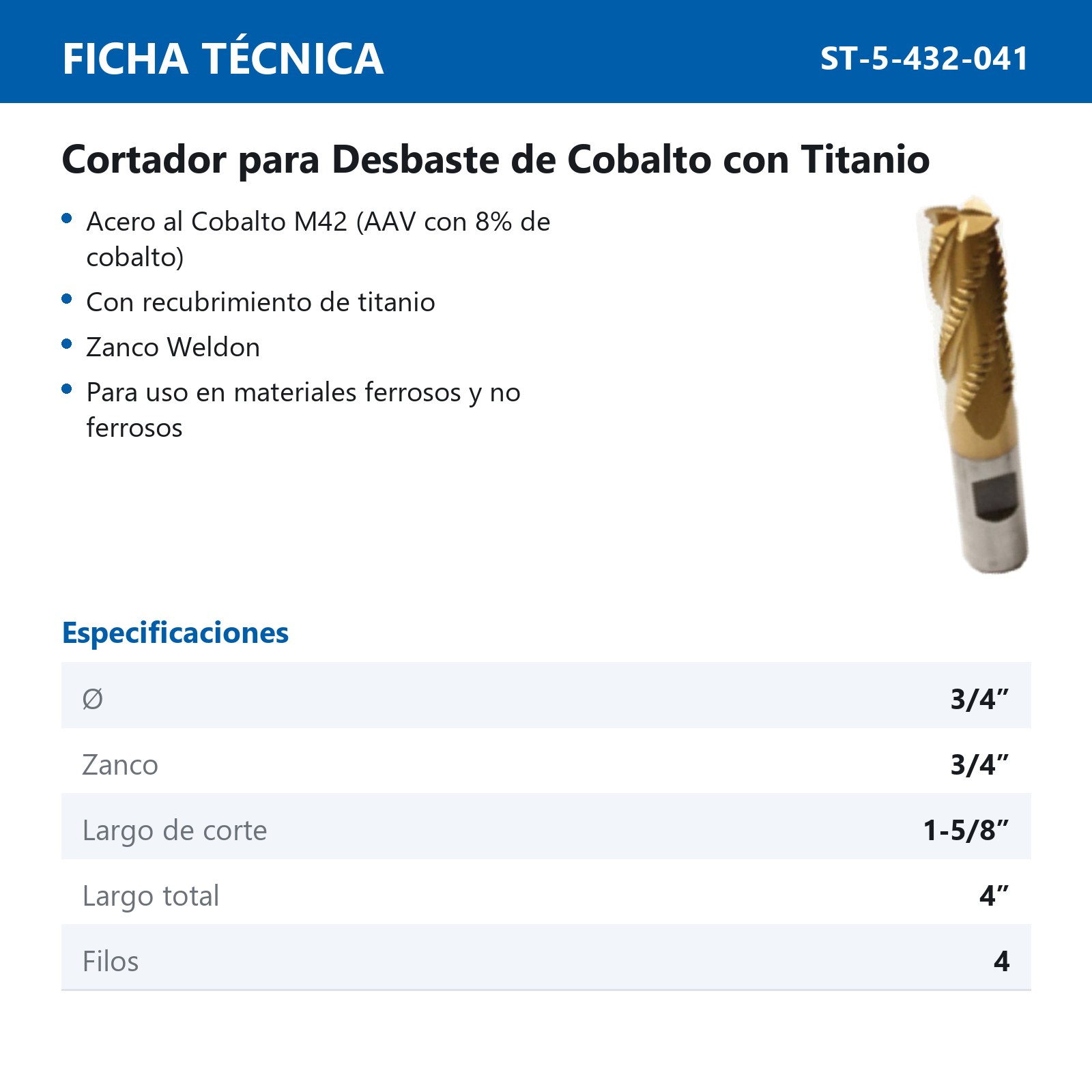 CORTADOR DESBASTE 3/4 X 3/4" 4F COB. TIT - Imagen 2