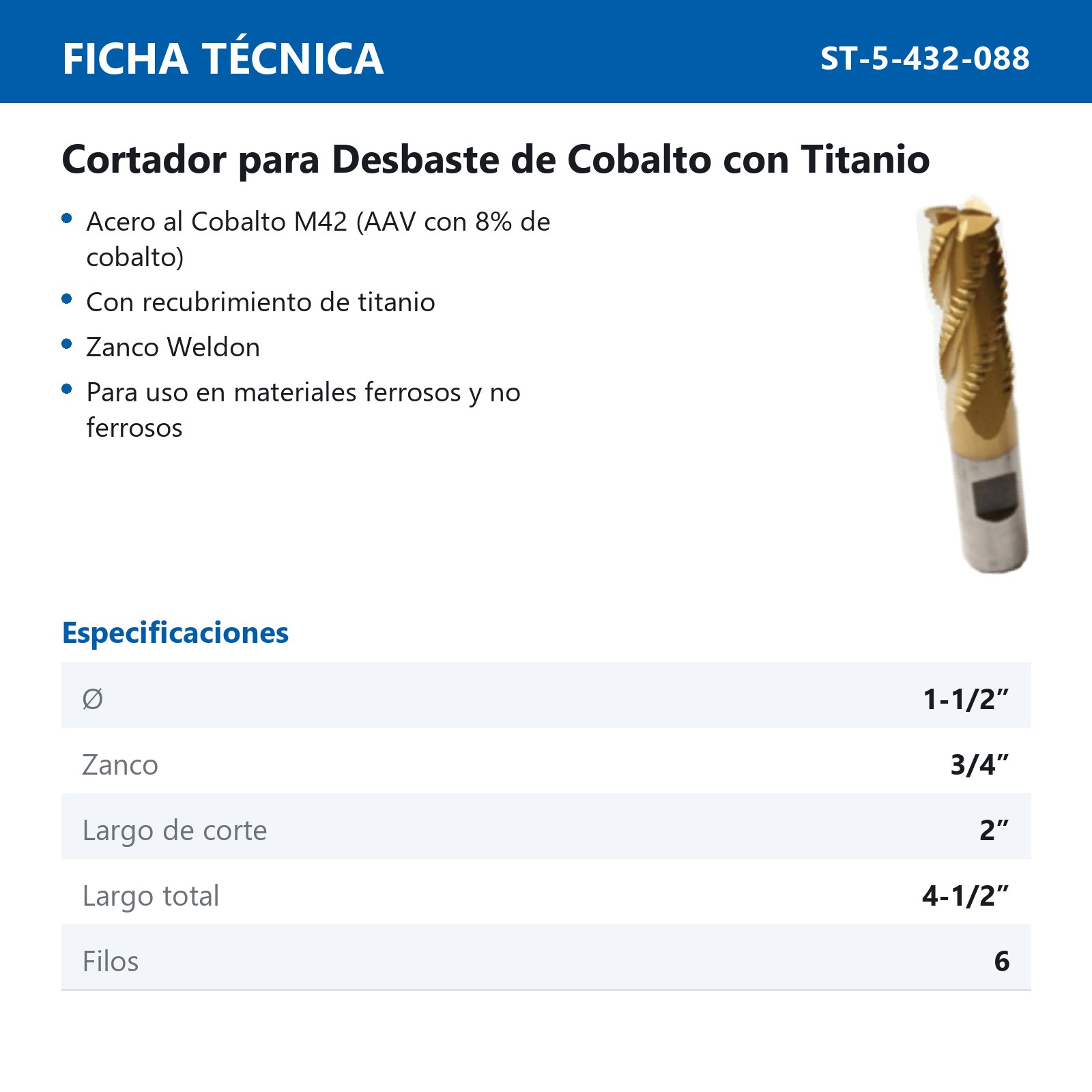 CORTADOR DESBASTE 1-1/2 X 3/4" TITANIO 6 - Imagen 2