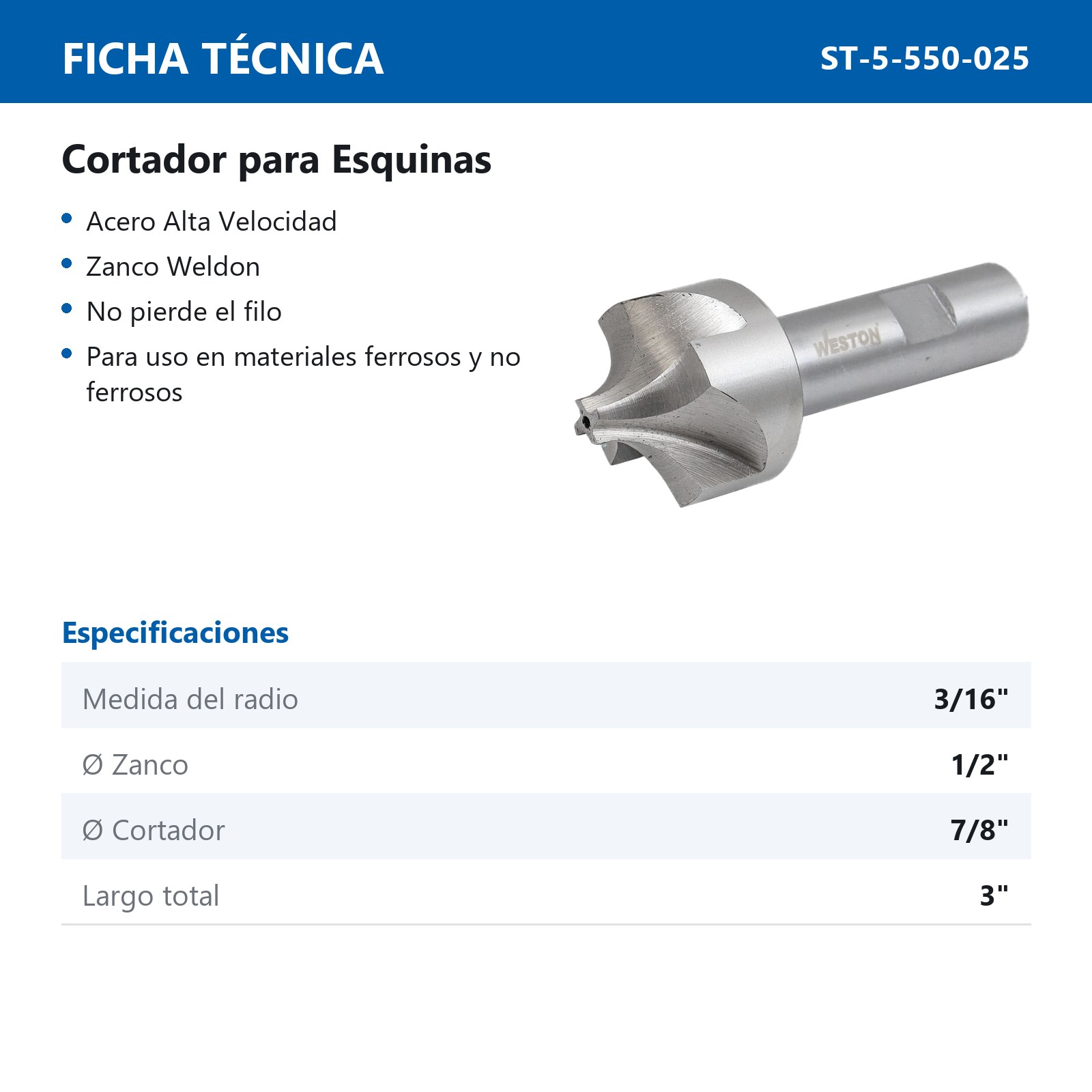 CORTADOR P/ESQUINAS 3/16 X 7/8 X 1/2 X3" - Imagen 3