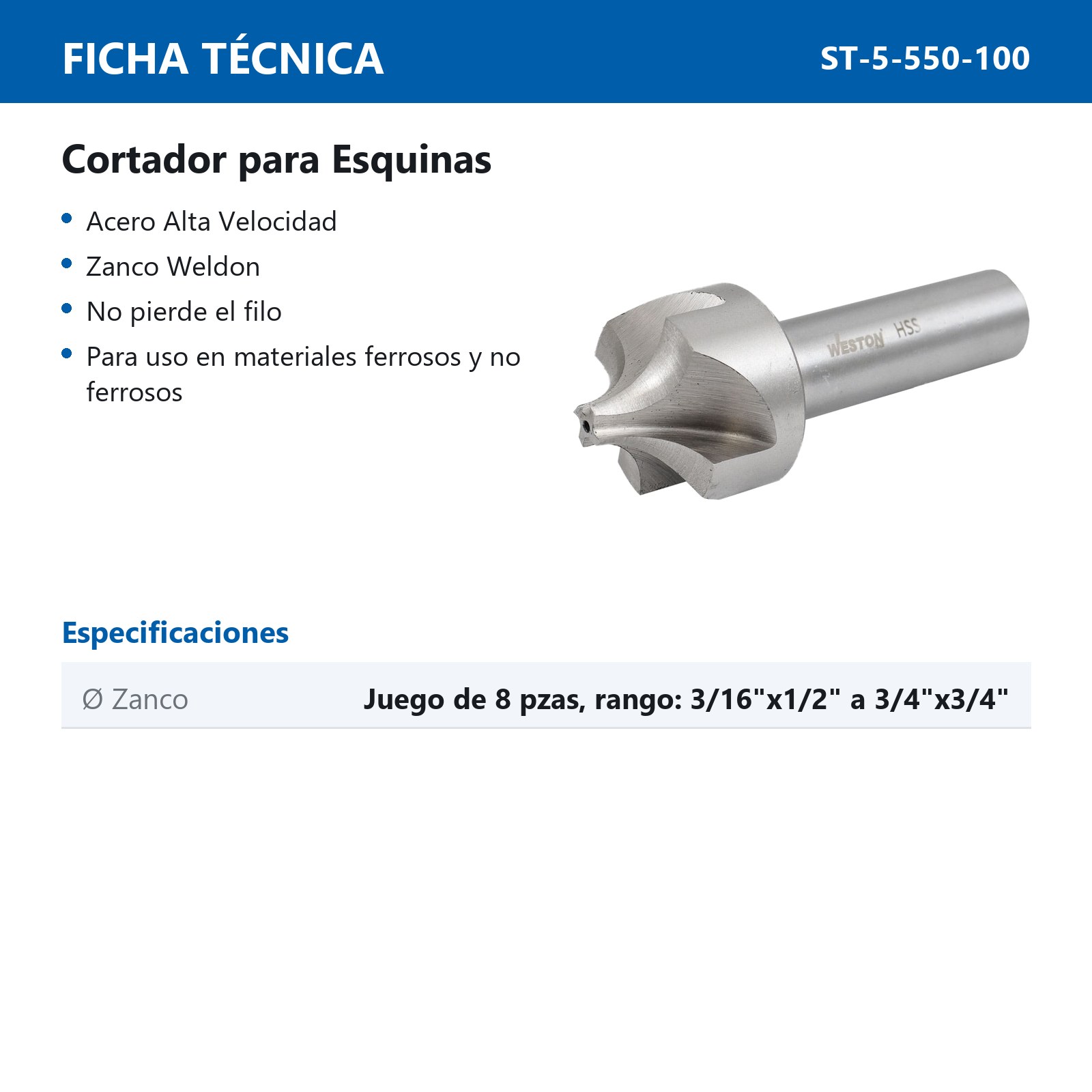 CORTADOR PARA ESQUINAS JGO. 8 PC. 3/16 X 1/2  A  3/4 X 3/4 - Imagen 2
