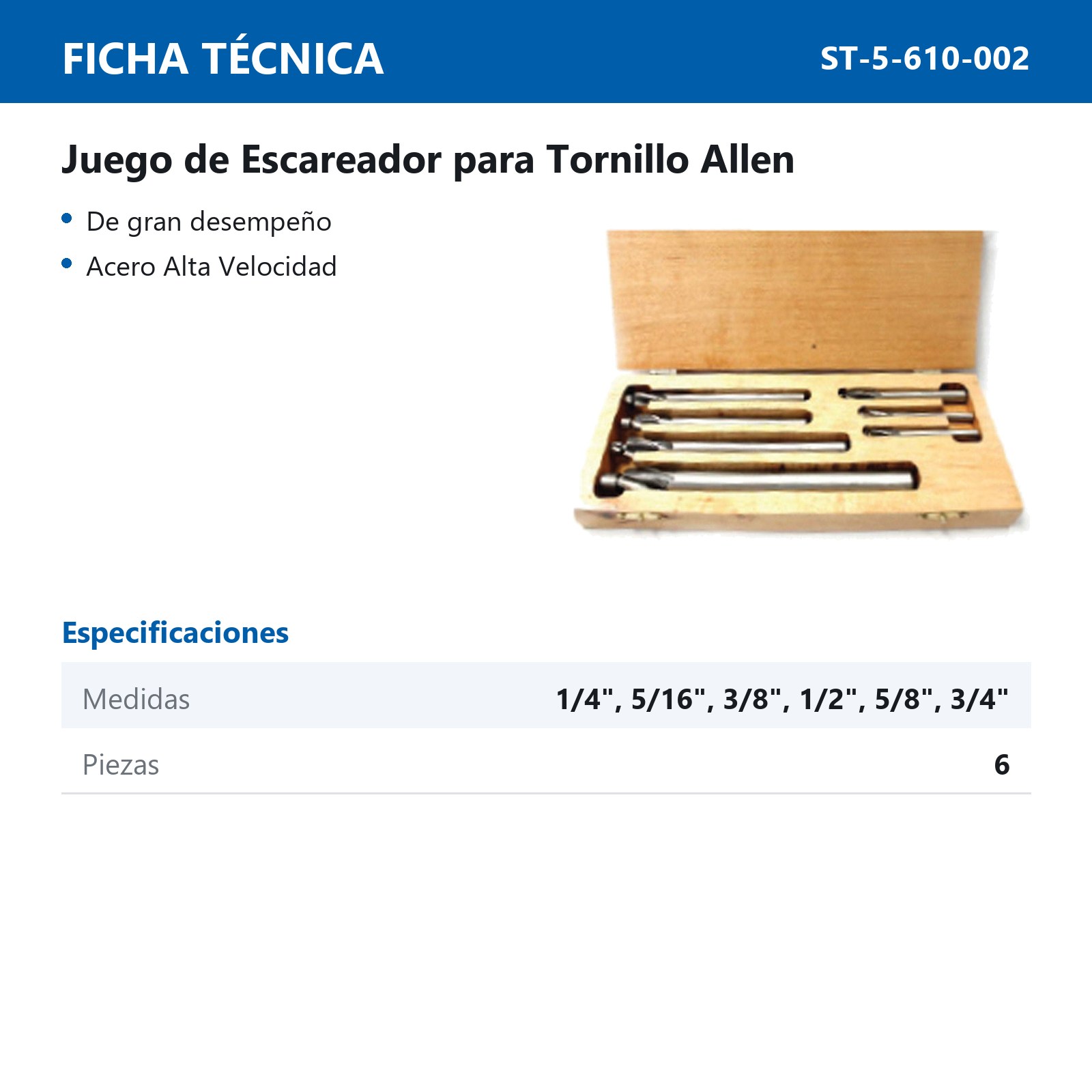 ESCARIADOR P/TORNILLO ALLEN JGO. 6 PZAS. 1/4,5/16,3/8,1/2,5/8,3/4" - Imagen 2