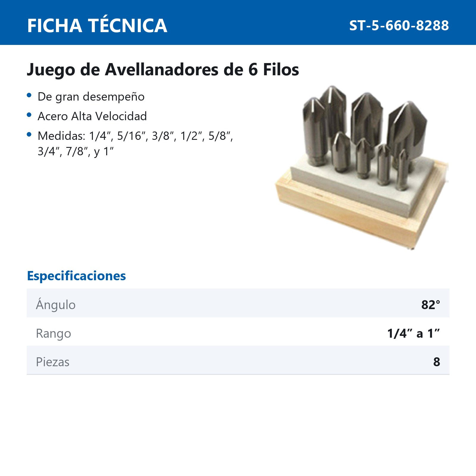 AVELLANADOR JGO. 8 PZAS. 82° 6 FILOS (1/4",5/16",3/8",1/2",5/8",3/4",7/8",1") AAV - Imagen 2