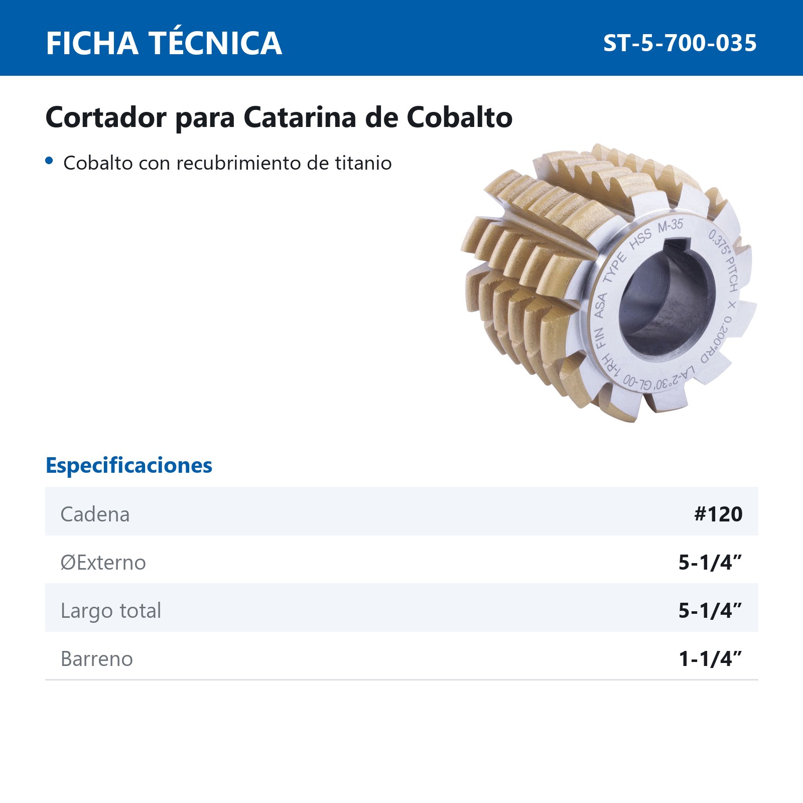 CORTADOR P/CATARINA # 120 C/REC.TITANIO           1.5"PITCH .875"RD5.25"ODX5.25"OALX1-1/4" - Imagen 2