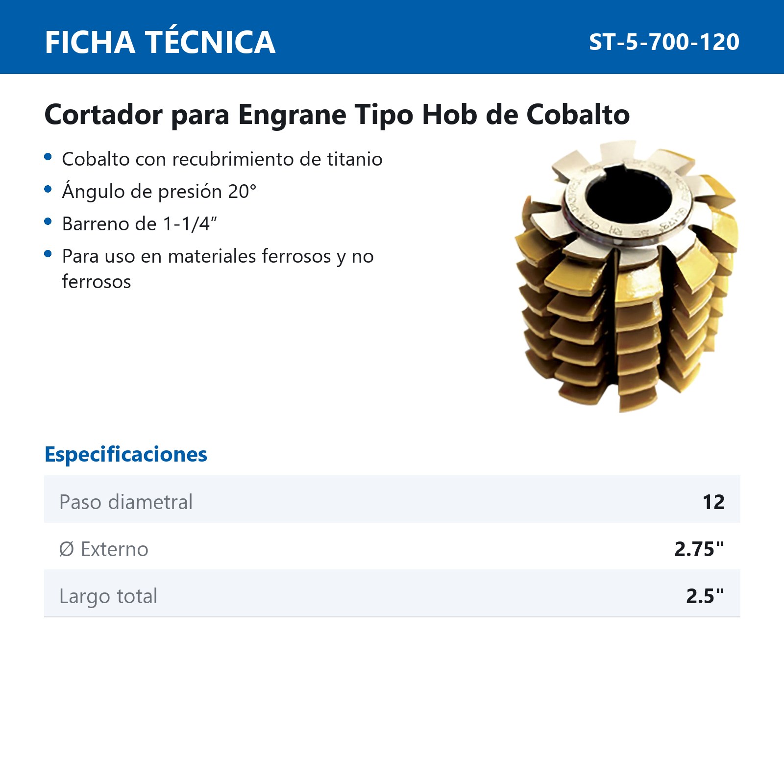 CORTADOR P/ENGRANE T/HOB COBALTO C/REC. D/TITANIO 20° PD 12 2.75" x 2.5" x 1-1/4" - Imagen 2
