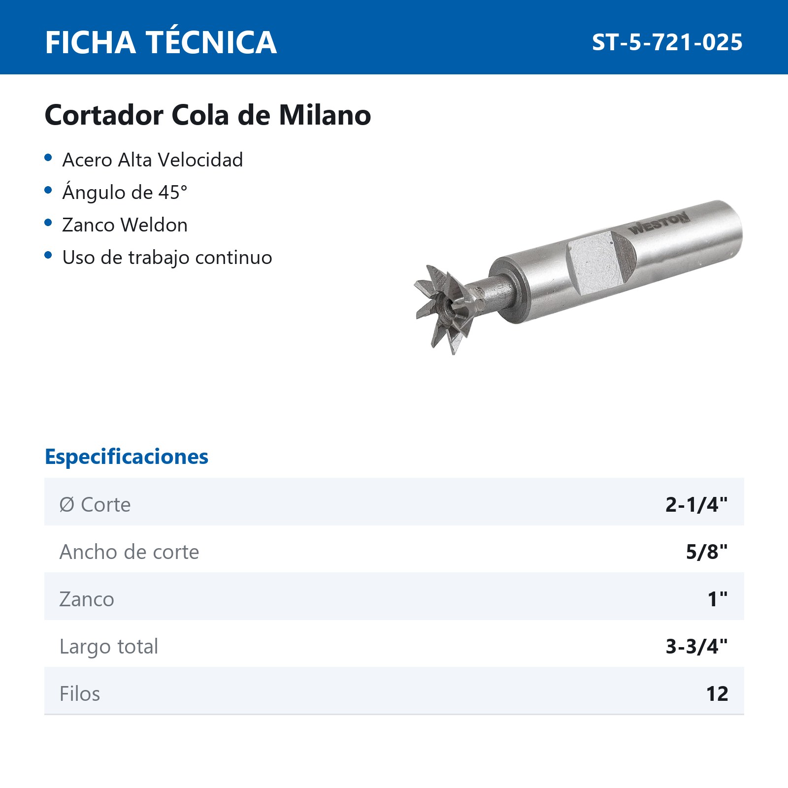 CORTADOR COLA DE MILANO 2-1/4" 45 GRADOS - Imagen 3