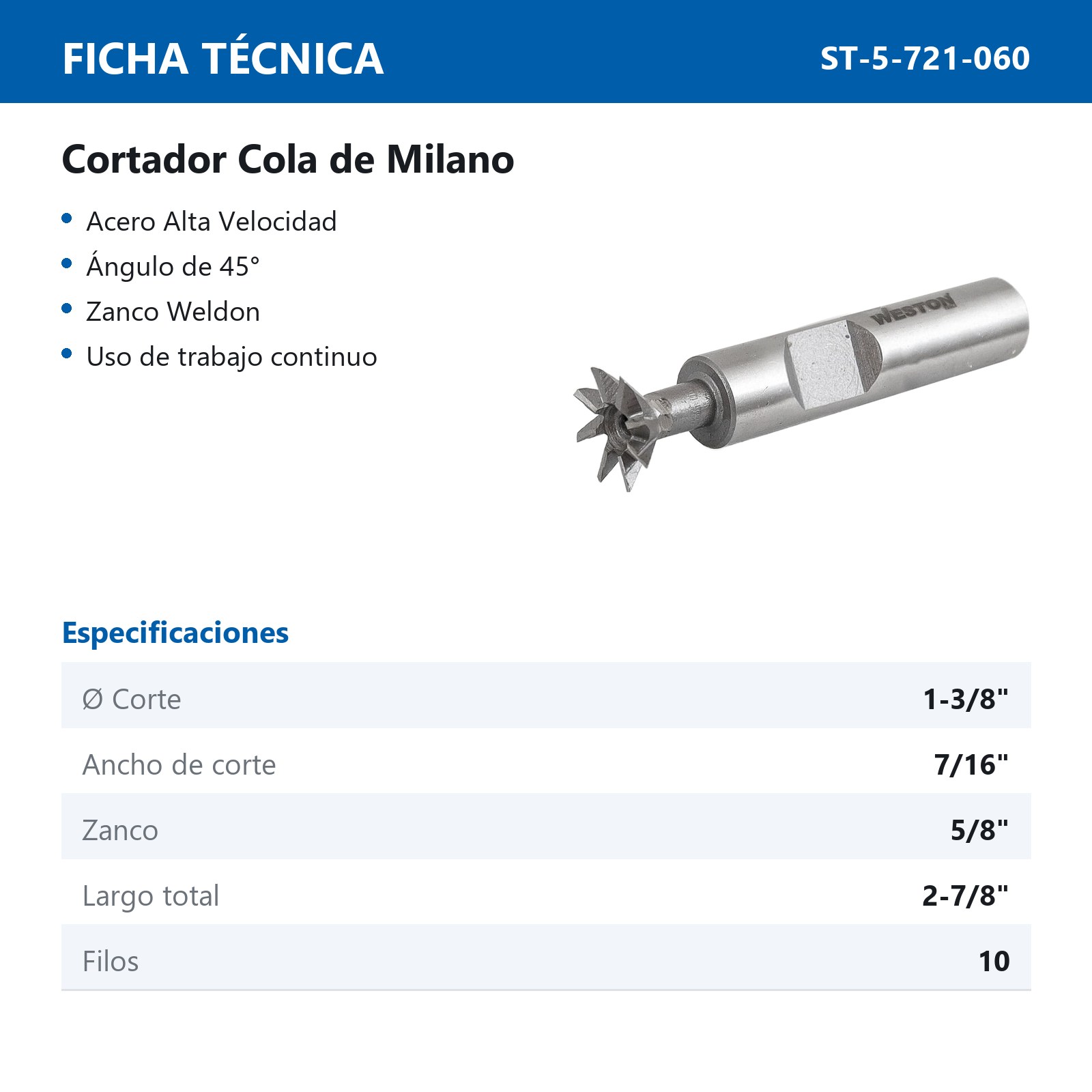 CORTADOR COLA DE MILANO 1-3/8 45GRADOS - Imagen 3