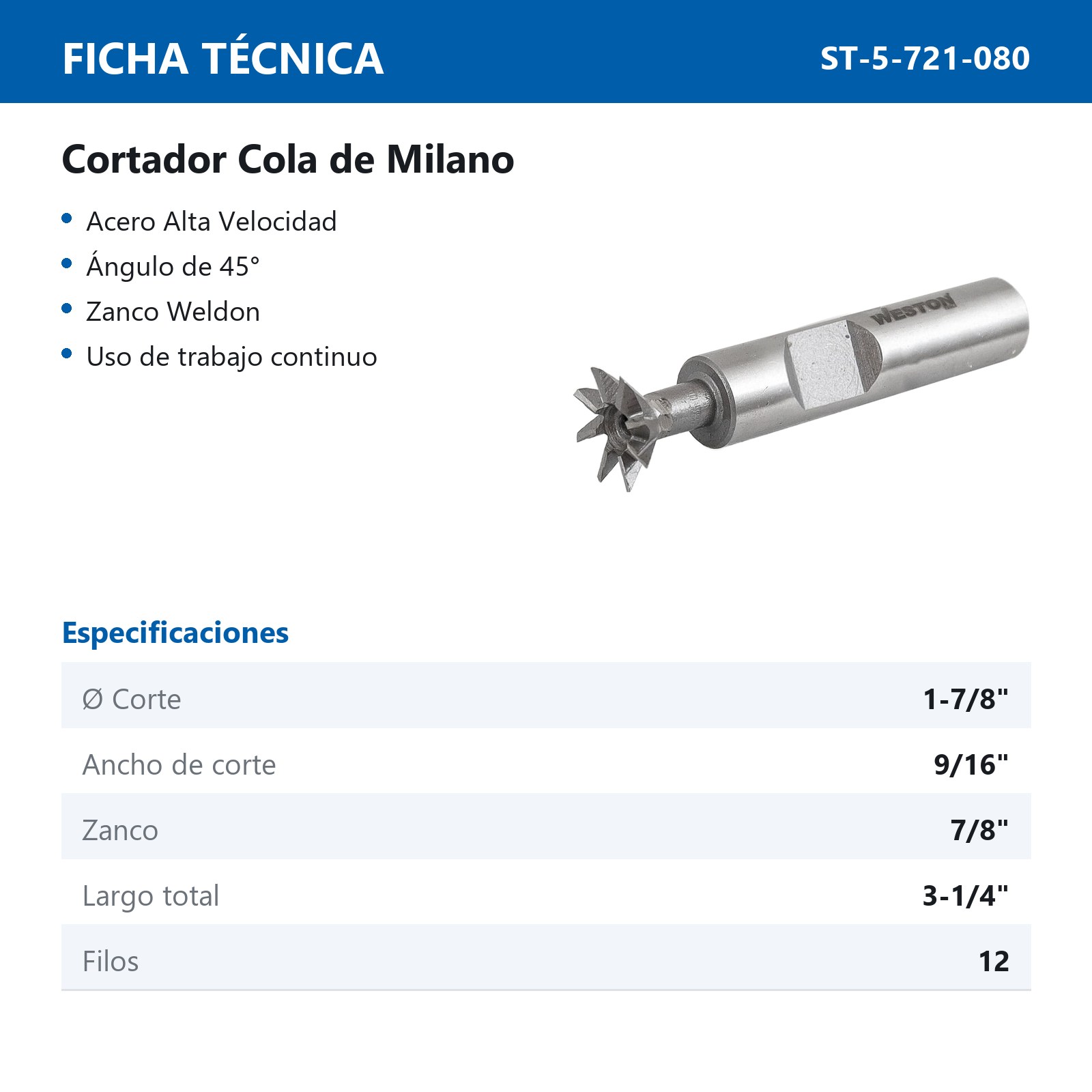 CORTADOR COLA DE MILANO 1-7/8" 45GRADOS - Imagen 3