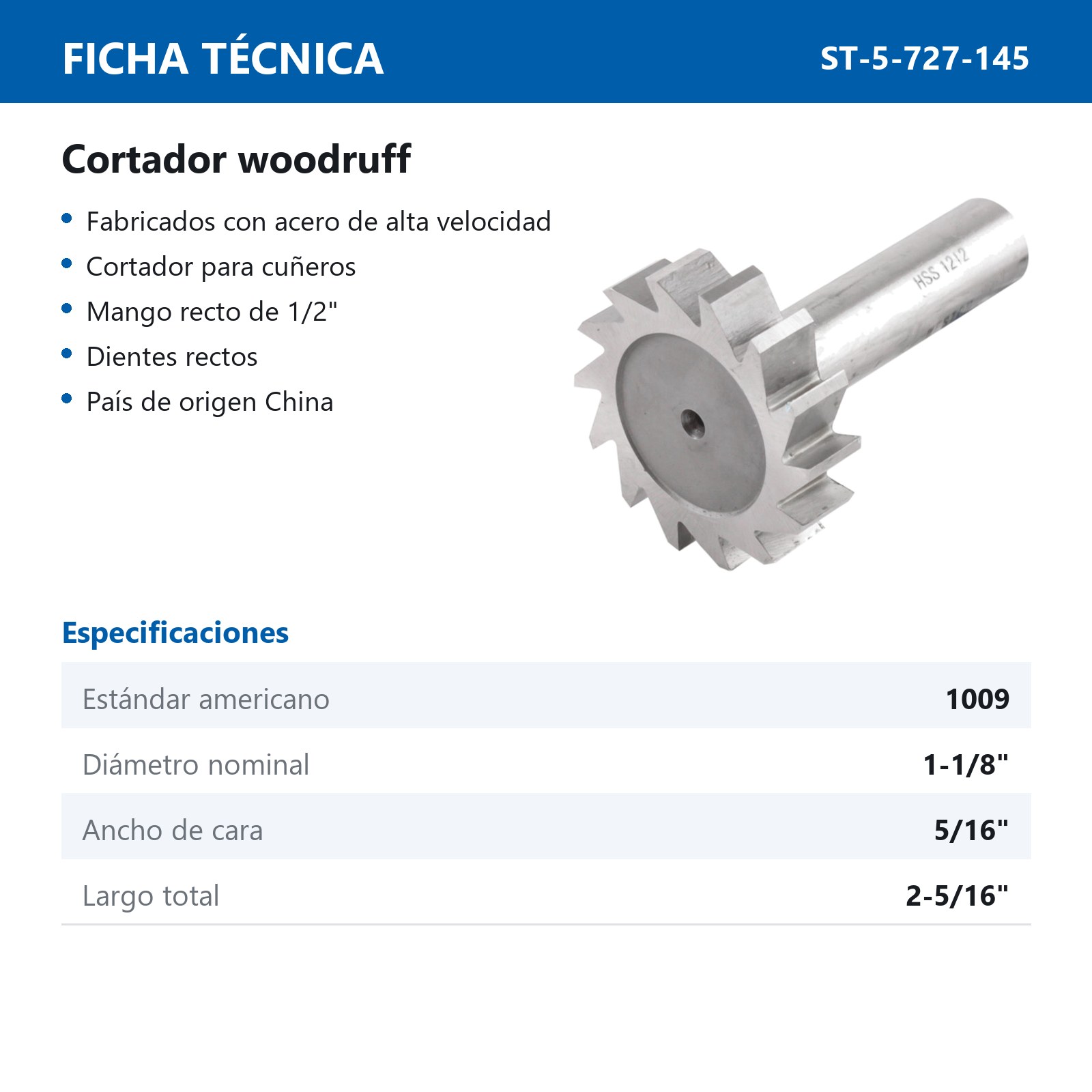 CORTADOR WOODRUFF #1009 1-1/8" X 5/16" AAV - Imagen 2