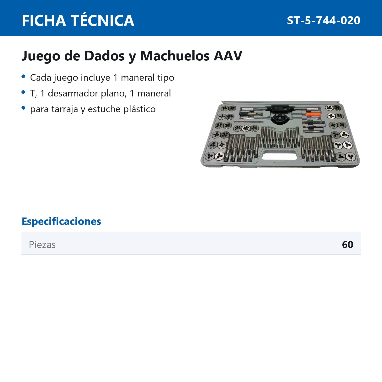 JUEGO MACHUELOS Y DADOS 60 PCS. METRICA, FRACCIONAL Y NUMERICO AVV - Imagen 2