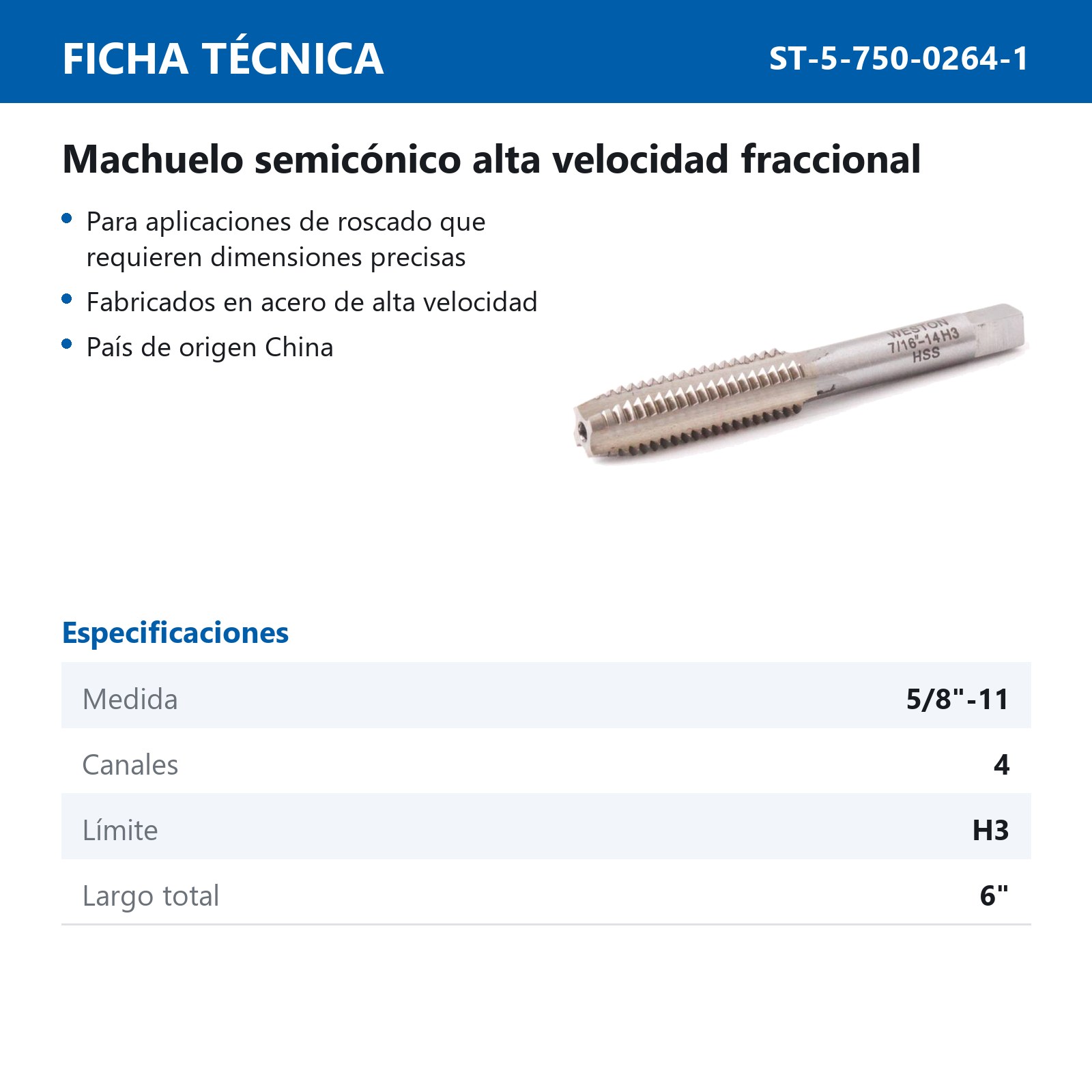 MACHUELO LARGO 5/8"-11 X 6" AAV - Imagen 2