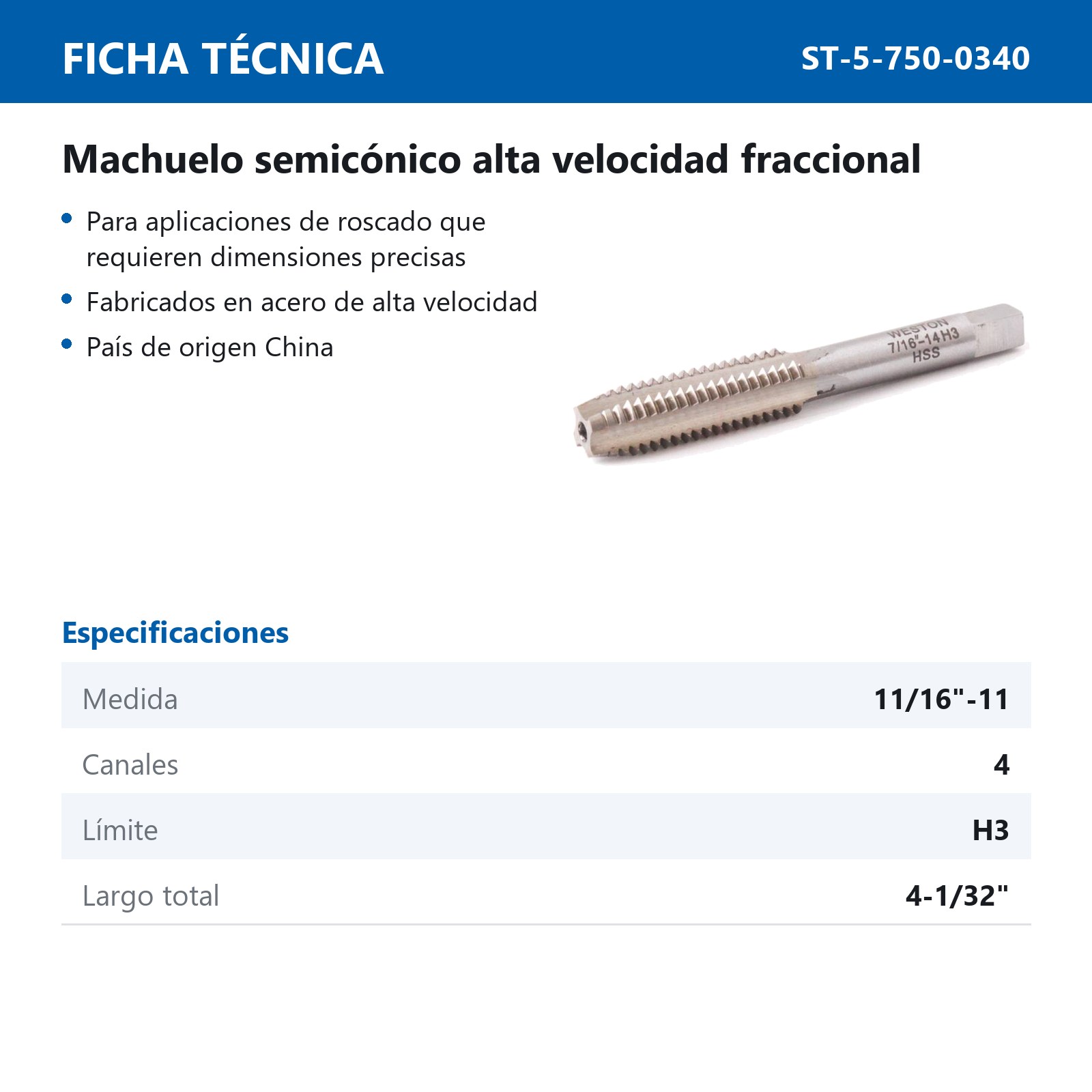 MACHUELO 11/16"-11 AAV - Imagen 2