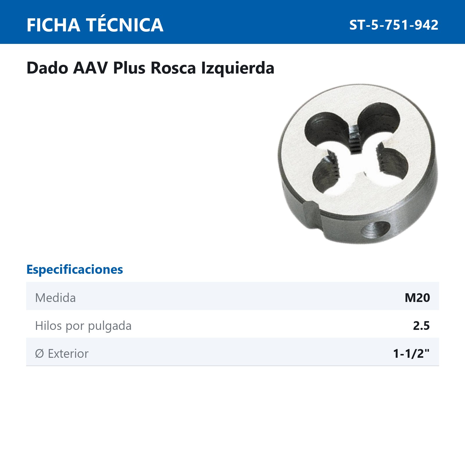 DADO PLUS IZQ. M20 X 2.5 X 1.5" - Imagen 2