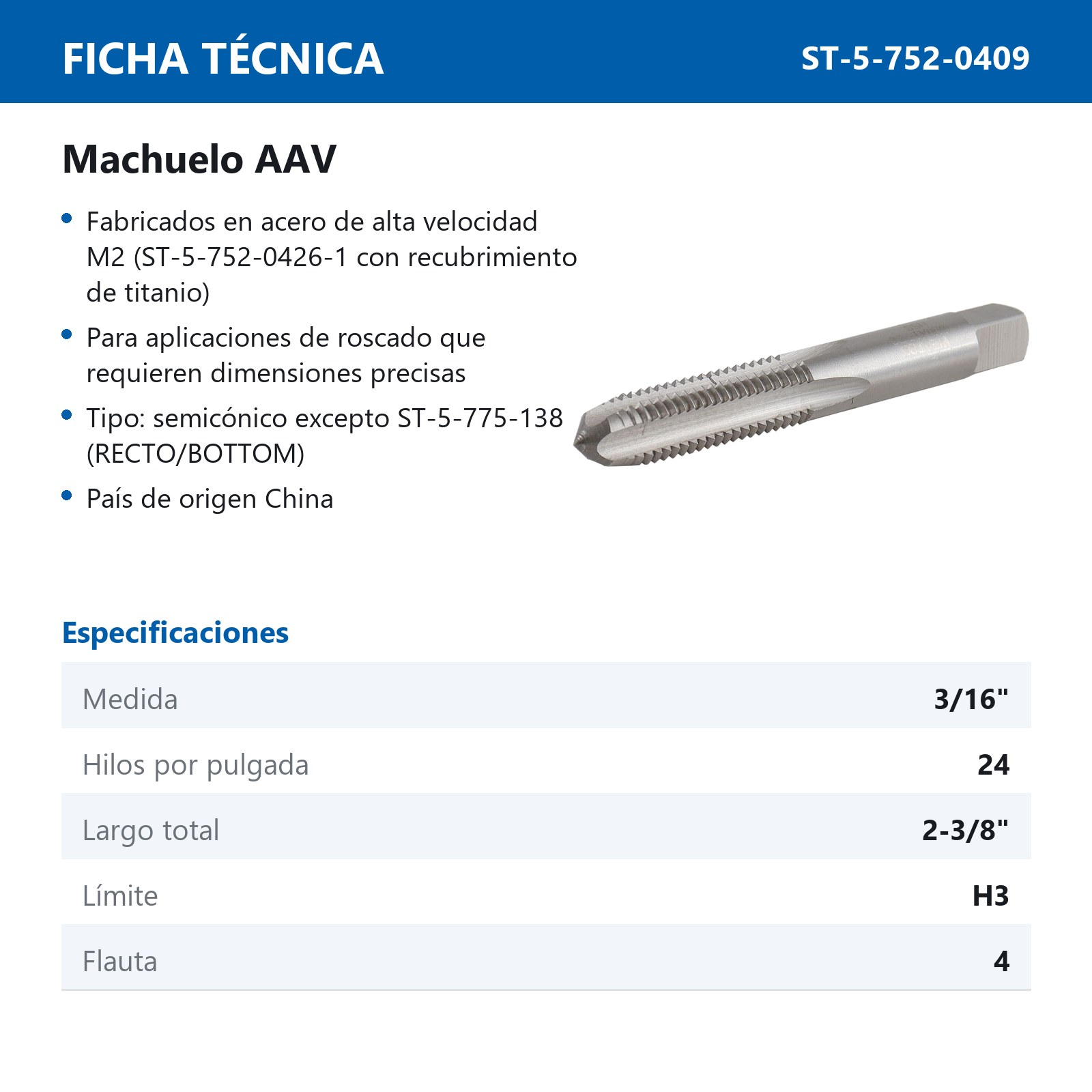 MACHUELO 3/16"-24 AAV - Imagen 3