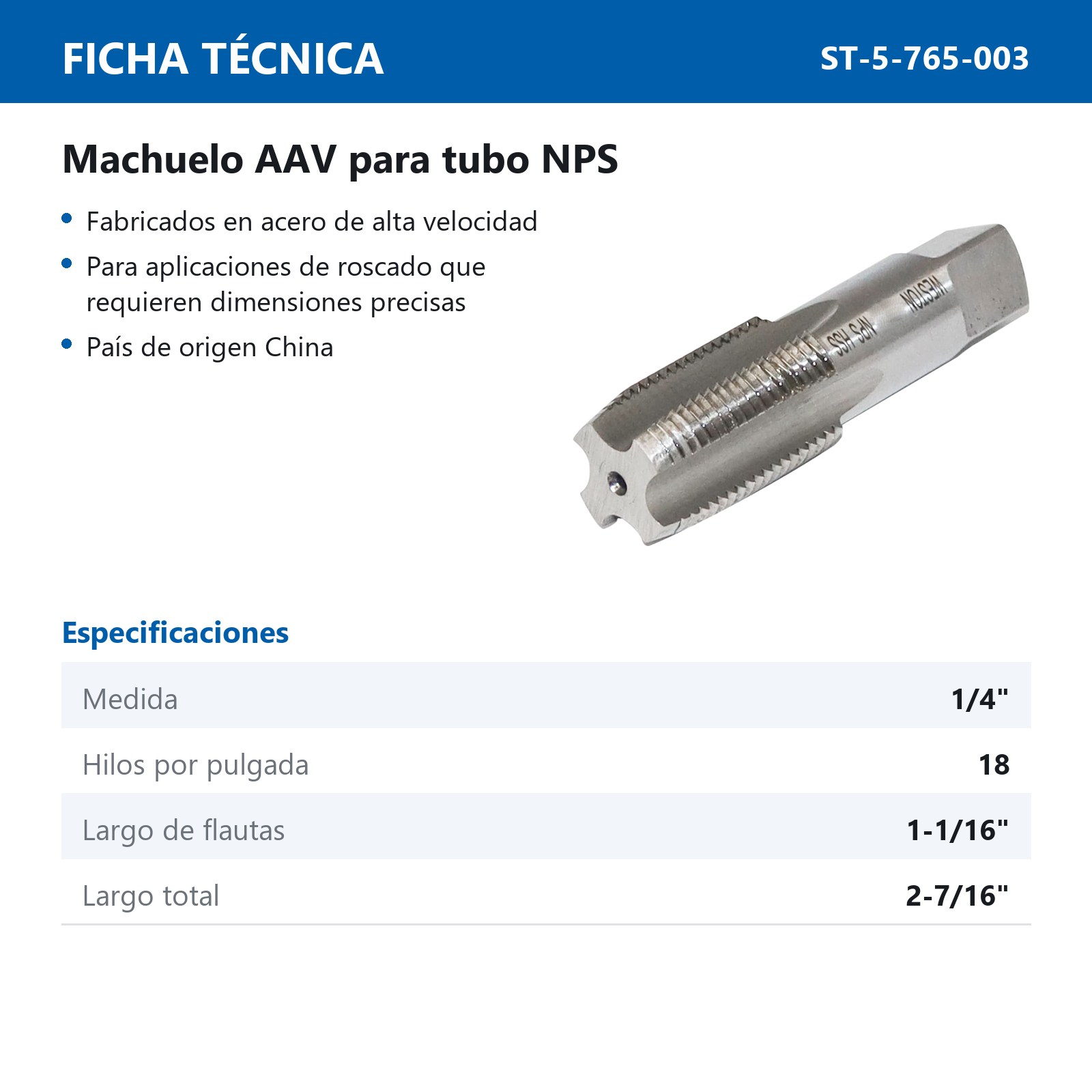 MACHUELO 1/4"-18 NPS AAV - Imagen 4