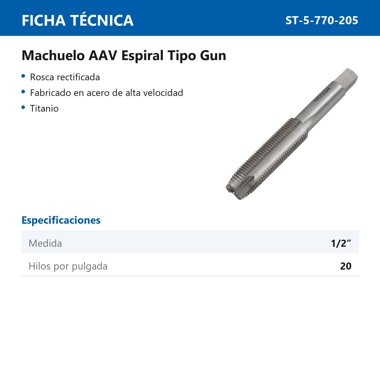 MACHUELO ESPIRAL T-GUN 1/2"-20 HSS - Imagen 3