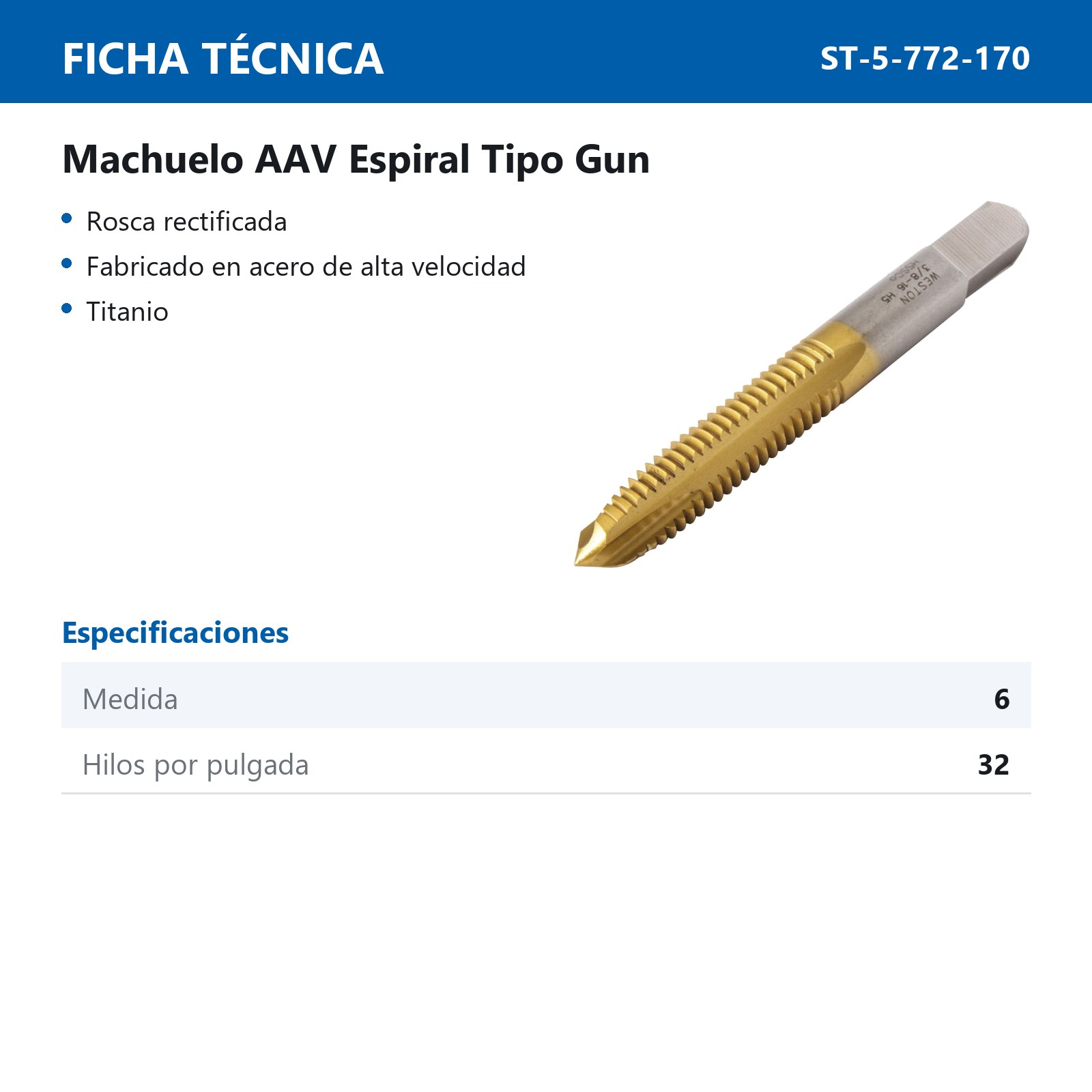 MACHUELO ESPIRAL T-GUN 6-32 REC.TITANIO - Imagen 2