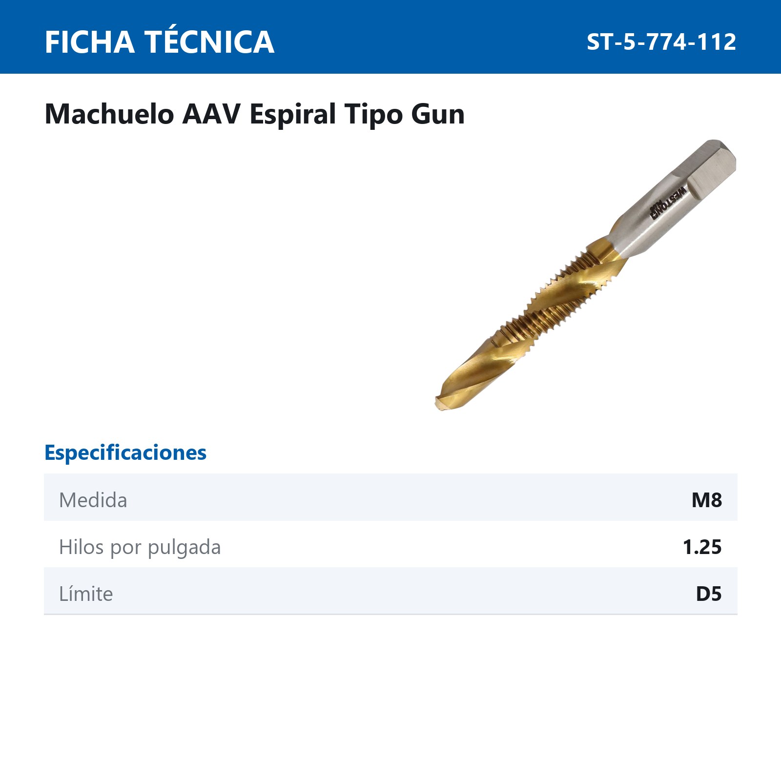 MACHUELO ESPIRAL T-GUN M8 X 1.25 REC. TITANIO AAV D5 - Imagen 2