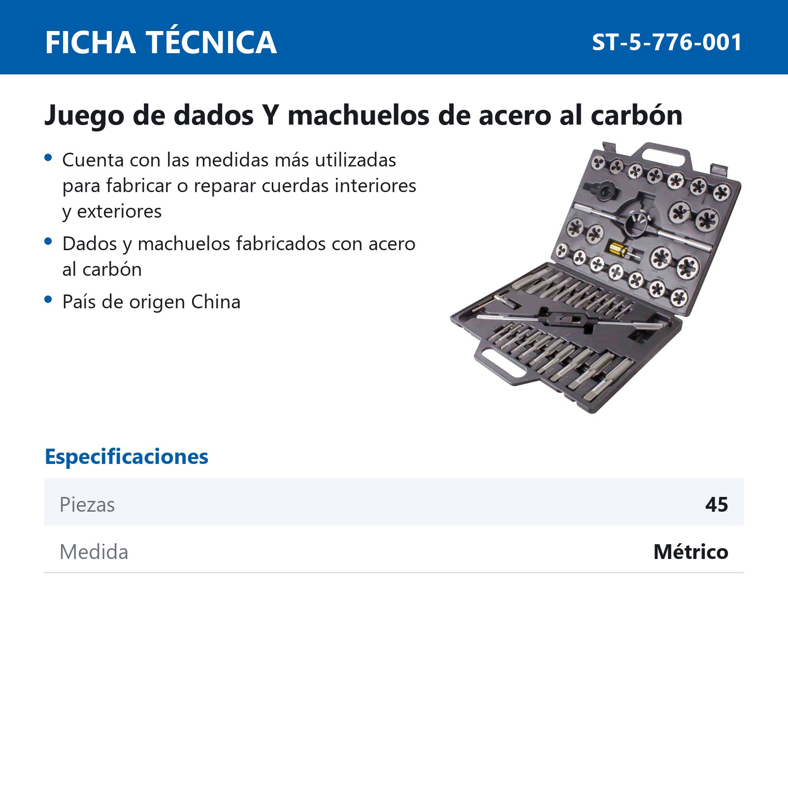 JGO.MACHUELOS Y DADO 45 PCS. METRICA ACERO AL CARBON - Imagen 3