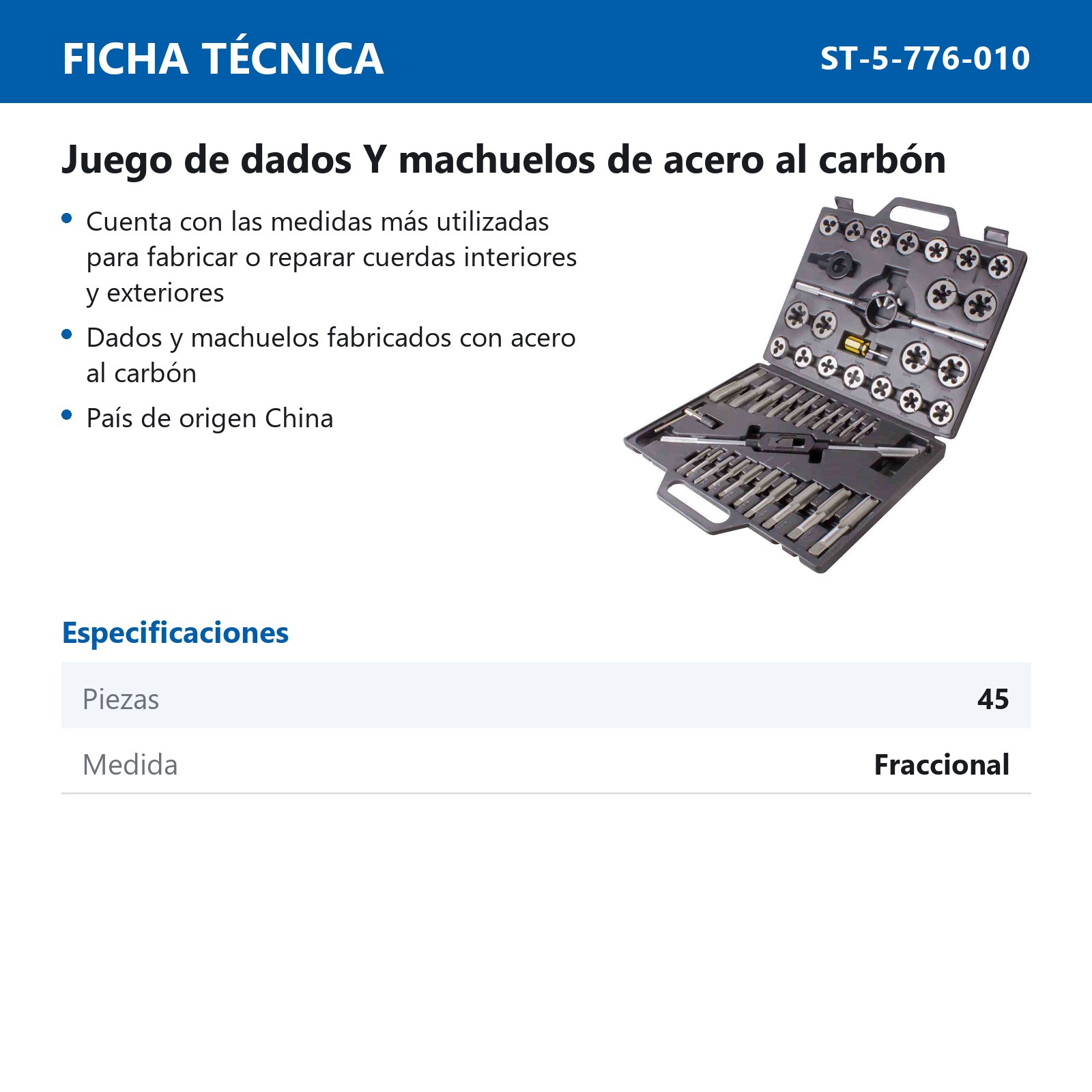 JGO.MACHUELOS Y DADO 45 PCS. FRACCIONAL ACERO AL CARBON - Imagen 3