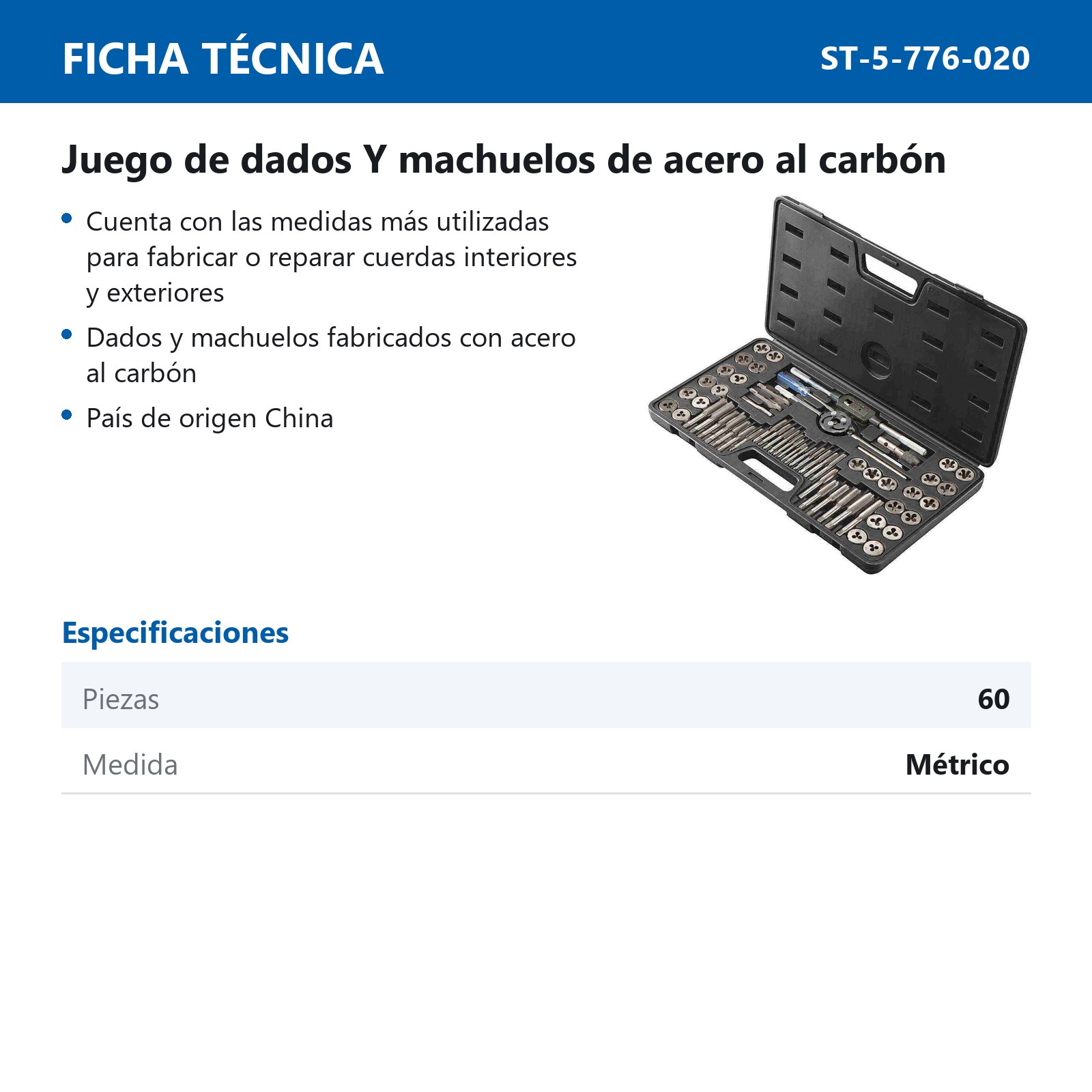 JGO.MACHUELOS Y DADOS 60 PCS.METRICA Y FRACC. ACERO AL CARBON - Imagen 3