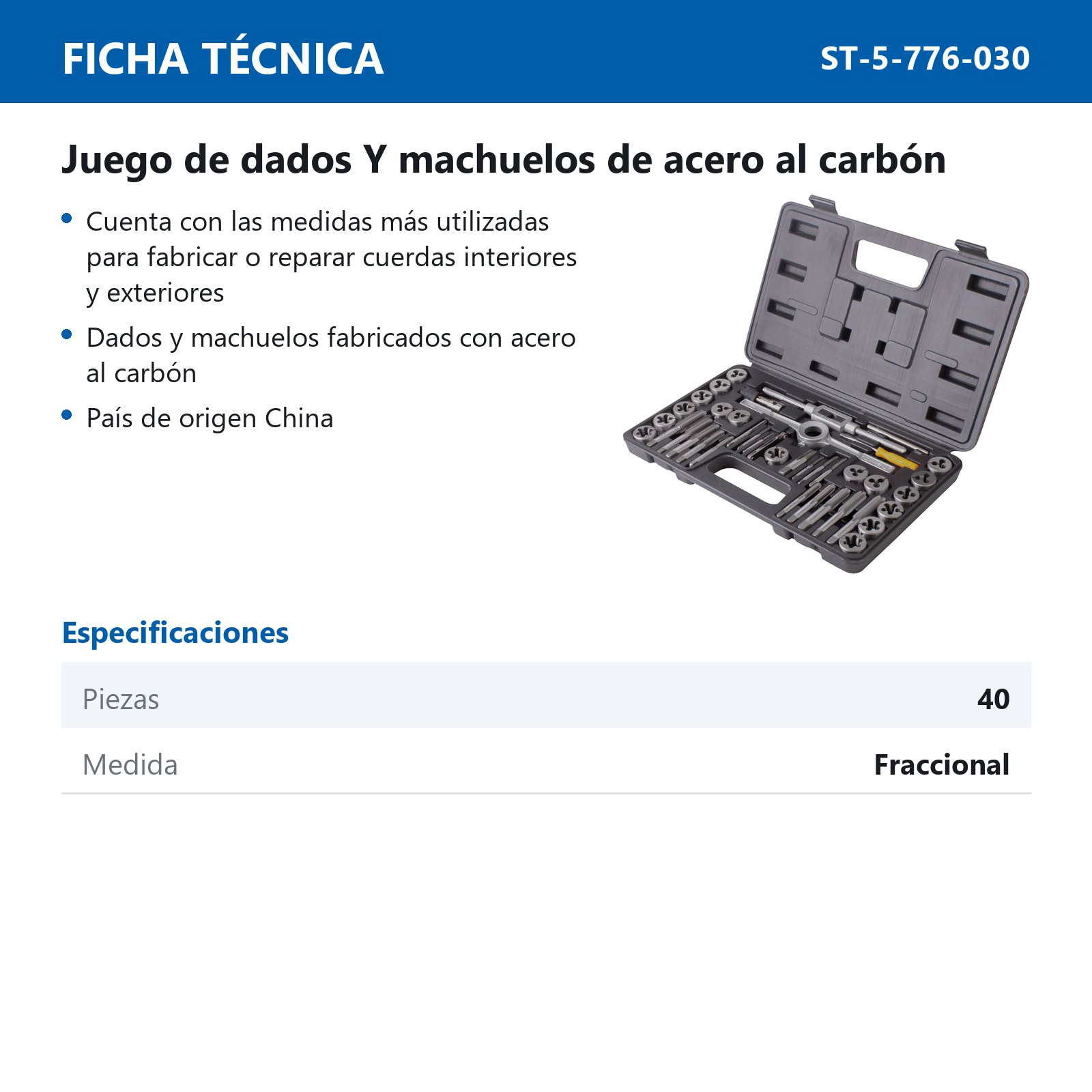 JUEGO DE DADOS Y MACHUELOS DE ACERO AL CARBON FRACCIONAL 40 PIEZAS - Imagen 3