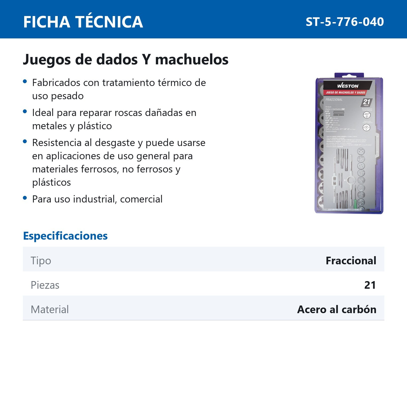 JUEGO DE DADOS Y MACHUELOS DE ACERO AL CARBON FRACCIONAL 21 PIEZAS - Imagen 2