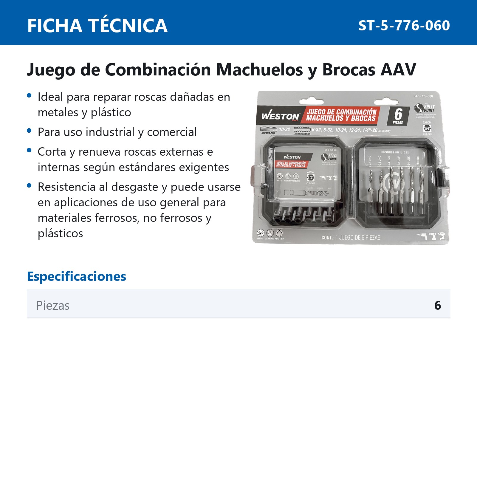 JUEGO DE BROCAS MACHUELO UNC 6 PIEZAS AAV - Imagen 2