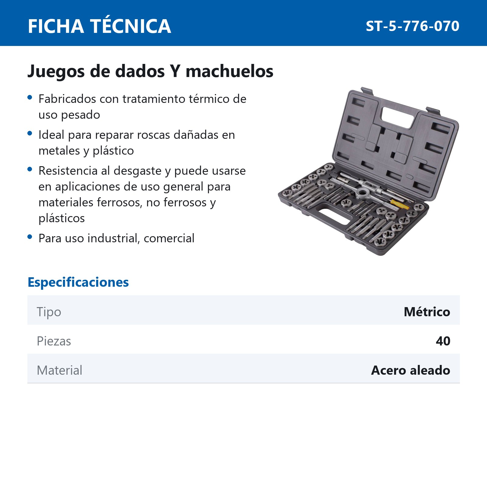 JUEGO DE DADOS Y MACHUELOS DE ACERO AL CARBON METRICO 40 PIEZAS - Imagen 2