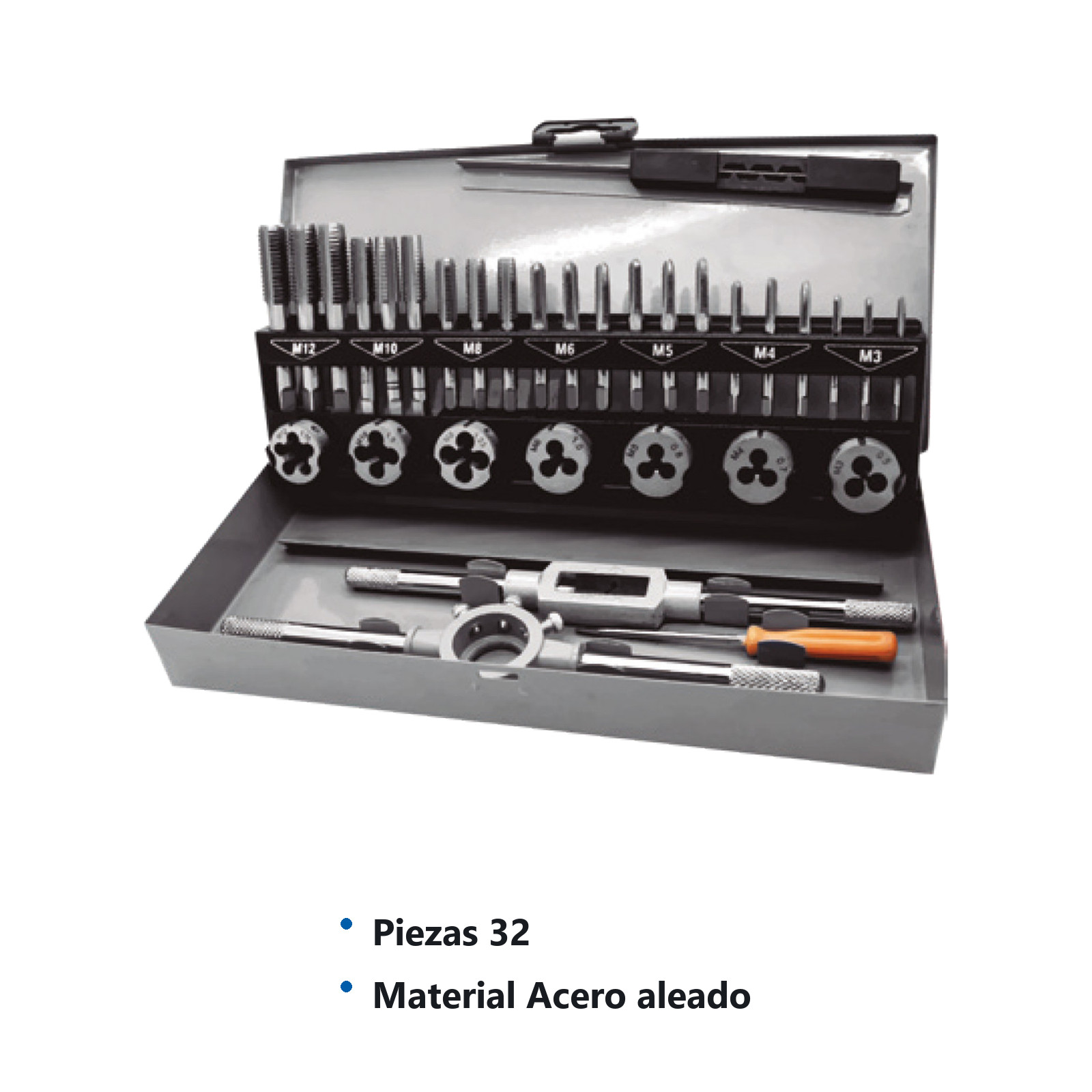 JUEGO DE DADOS Y MACHUELOS DE ACERO ALEADO METRICO 32 PIEZAS - Imagen 2