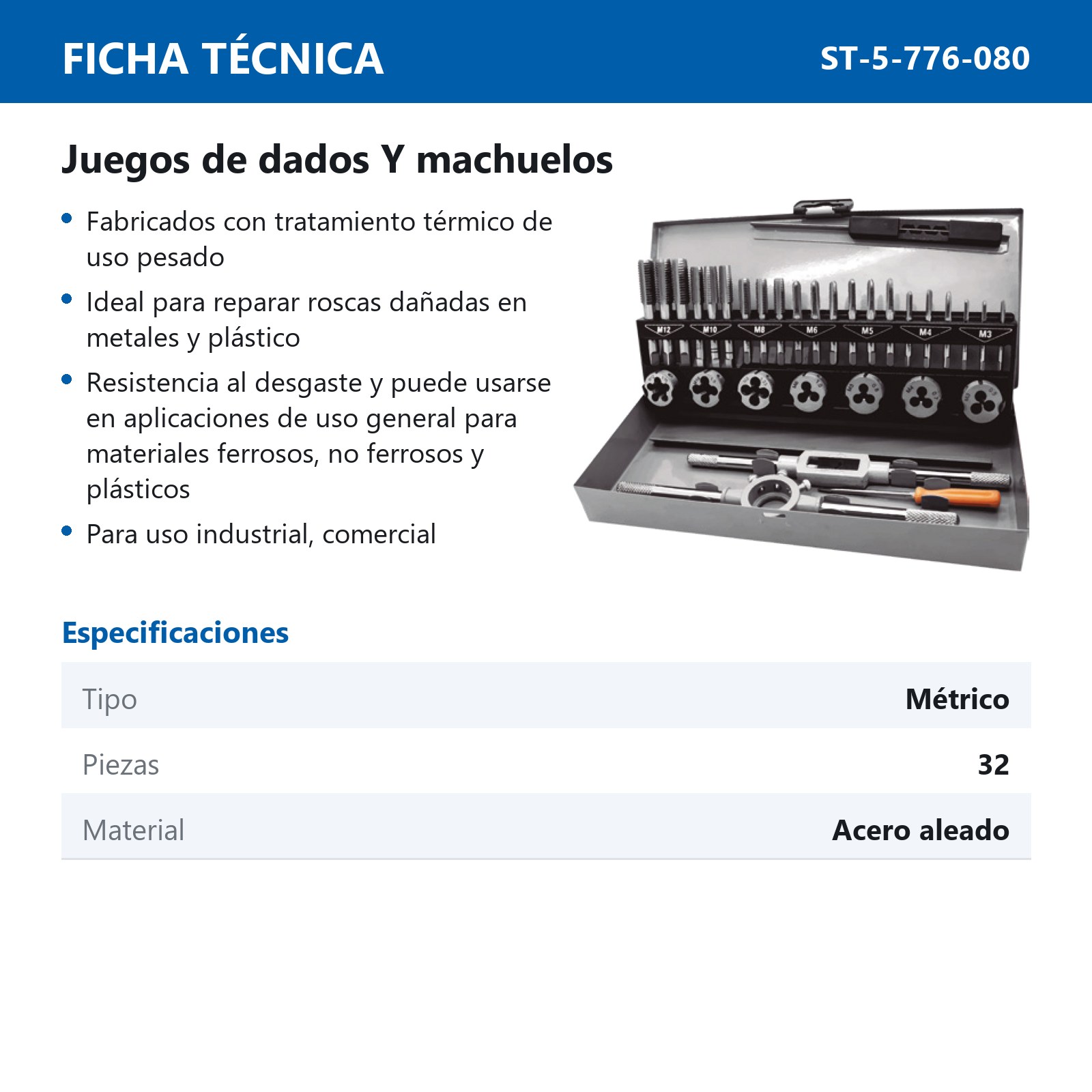 JUEGO DE DADOS Y MACHUELOS DE ACERO ALEADO METRICO 32 PIEZAS - Imagen 2